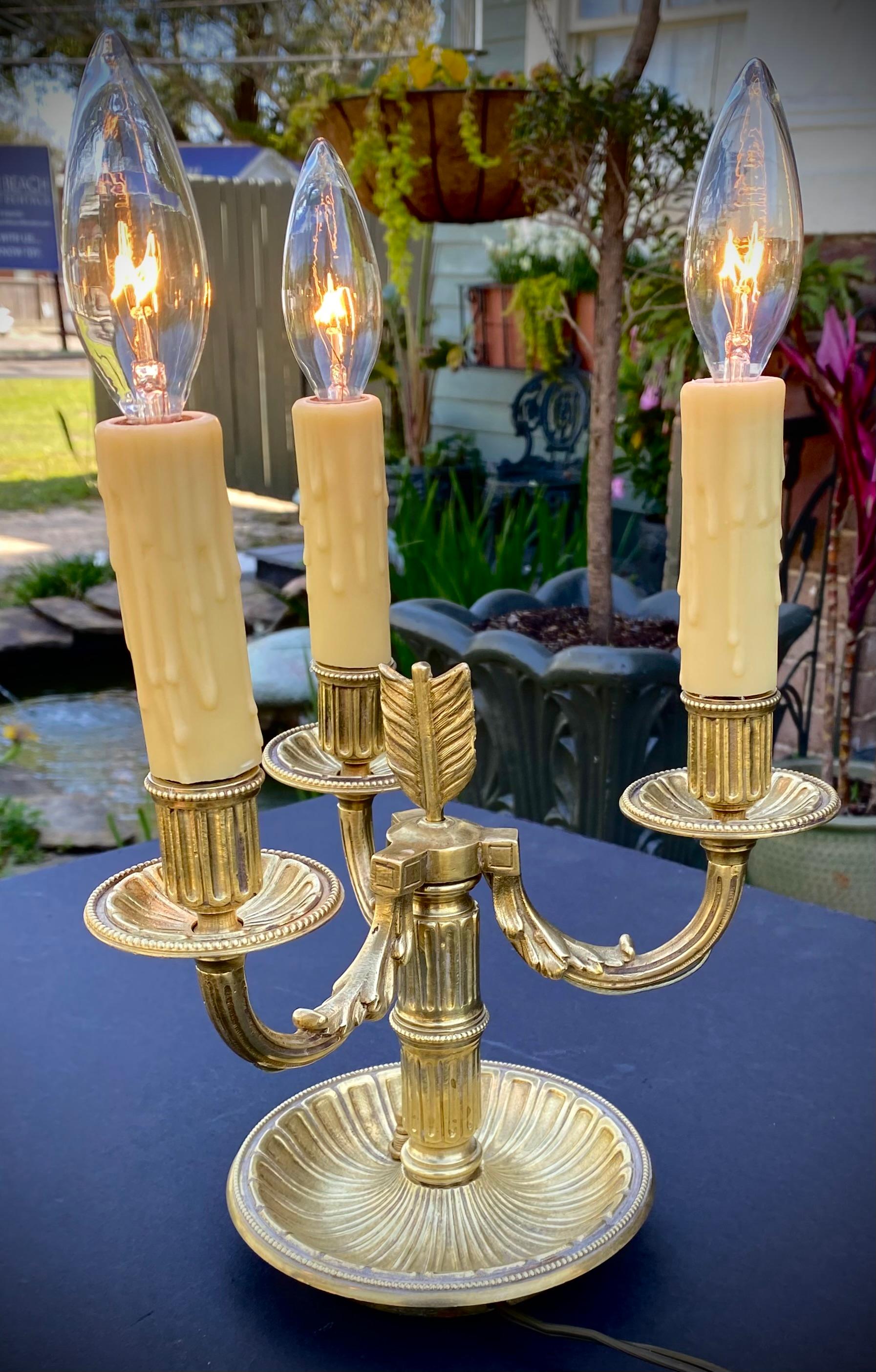 Pair Of Gilded Bronze Three Light Candelabra Lamps, Early 20th Century  For Sale 4