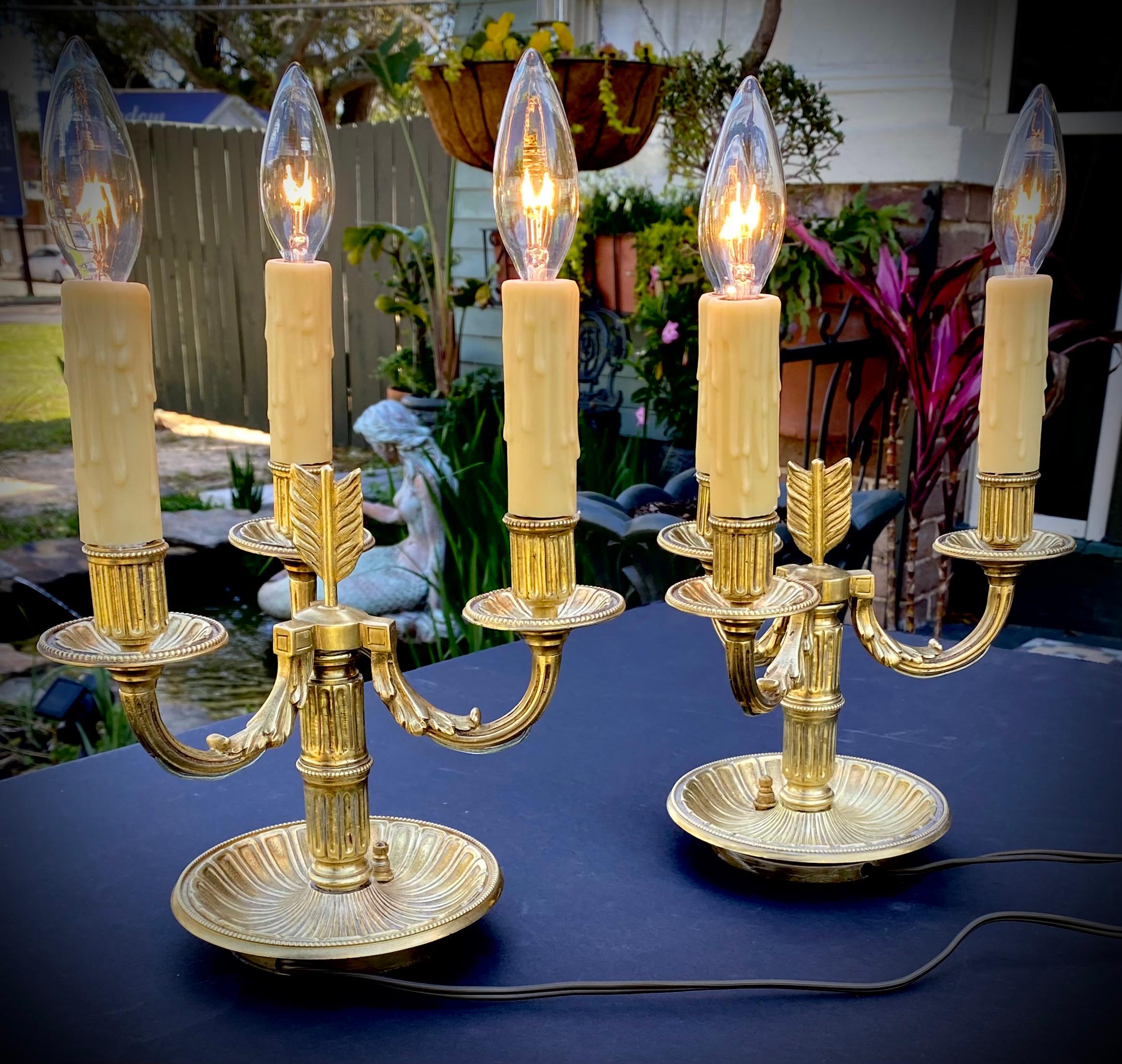 Pair Of Gilded Bronze Three Light Candelabra Lamps, Early 20th Century  For Sale 5