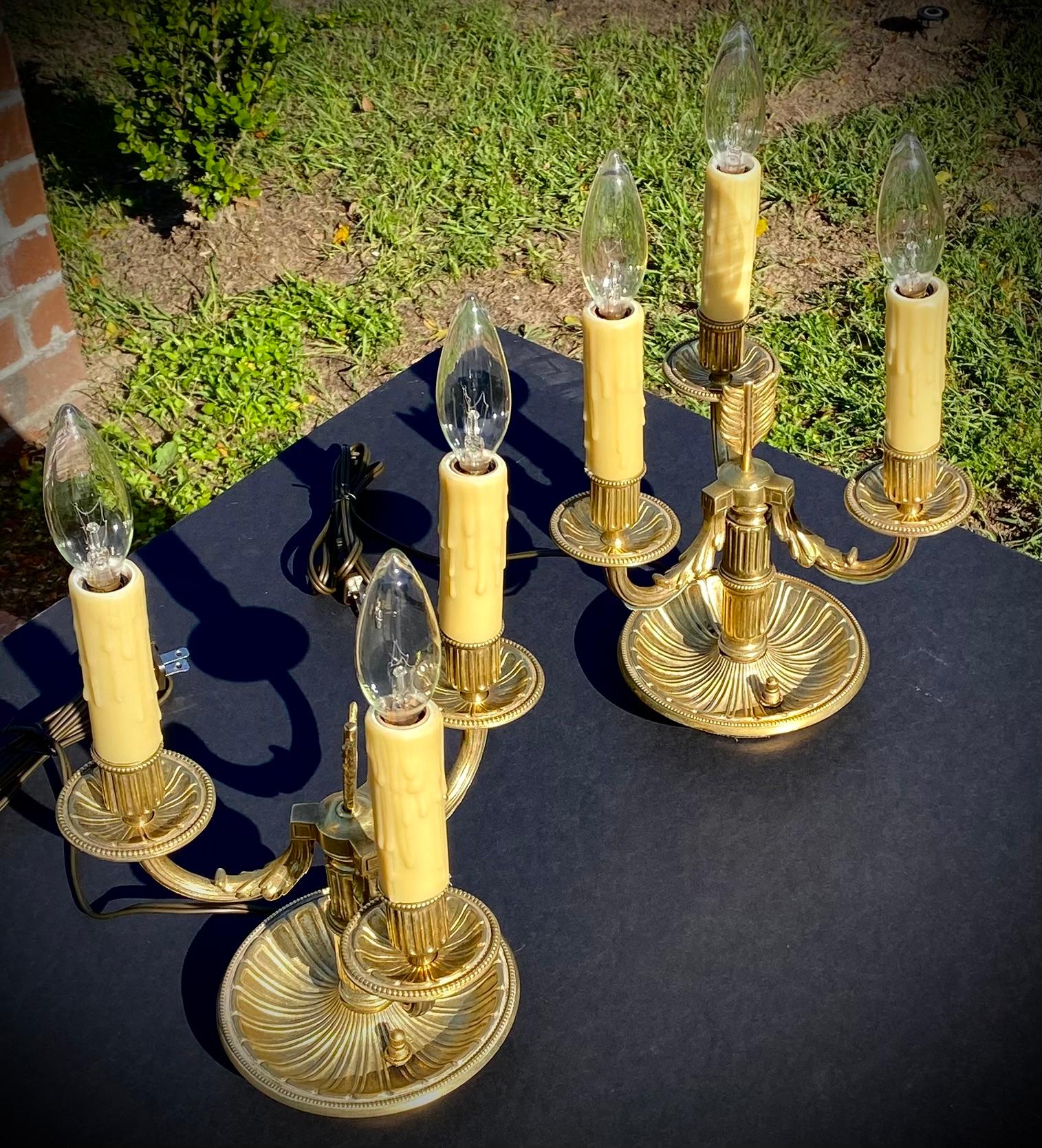 Pair Of Gilded Bronze Three Light Candelabra Lamps, Early 20th Century  For Sale 7