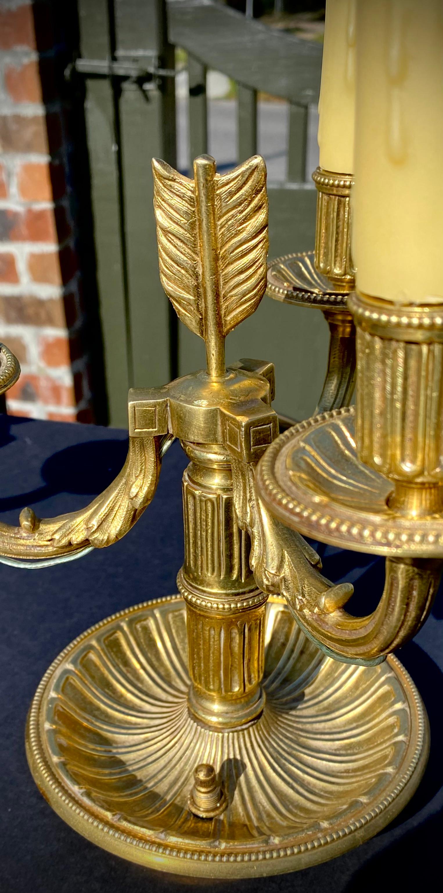 Belle Époque Pair Of Gilded Bronze Three Light Candelabra Lamps, Early 20th Century  For Sale