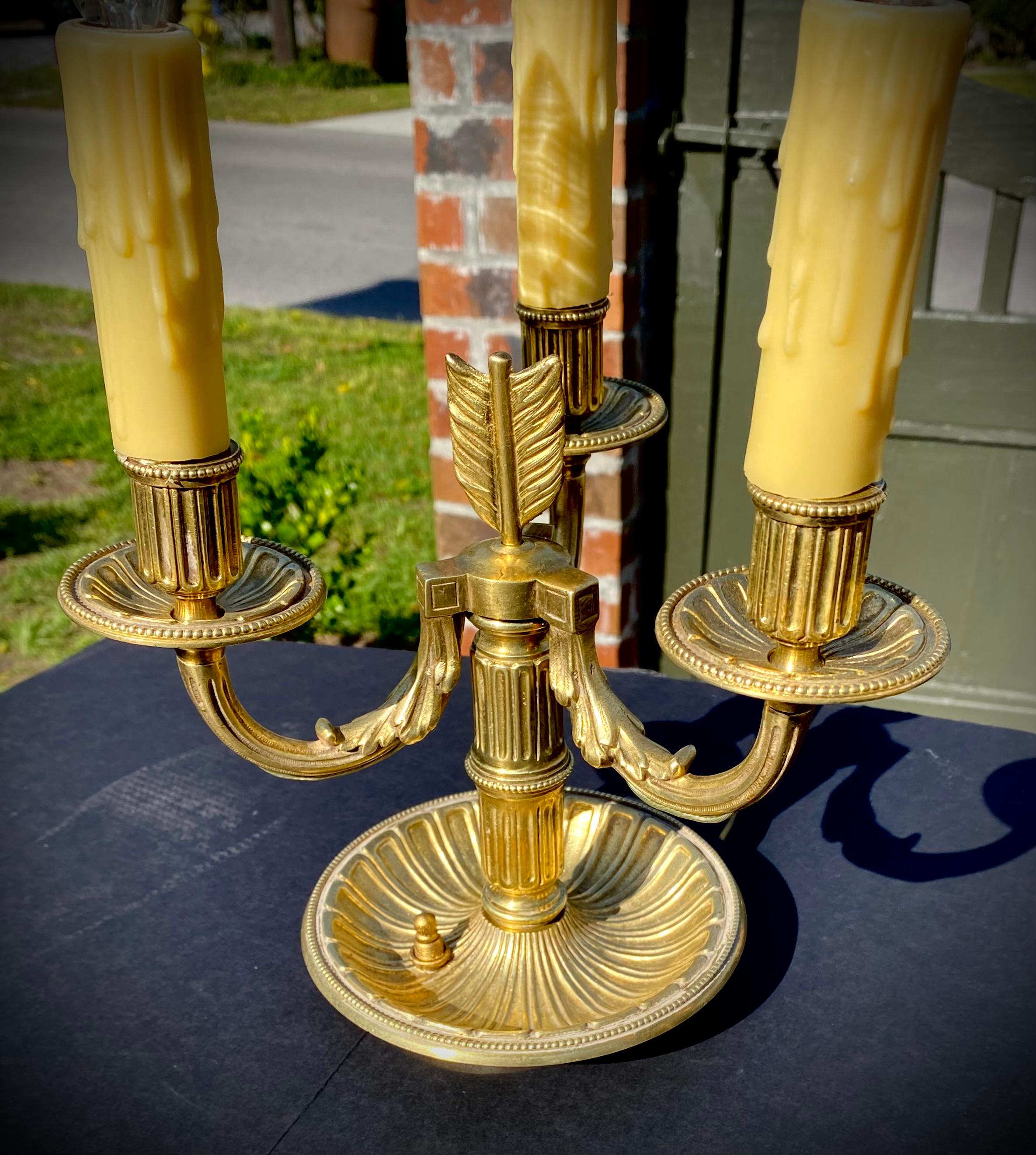 Pair Of Gilded Bronze Three Light Candelabra Lamps, Early 20th Century  For Sale 3