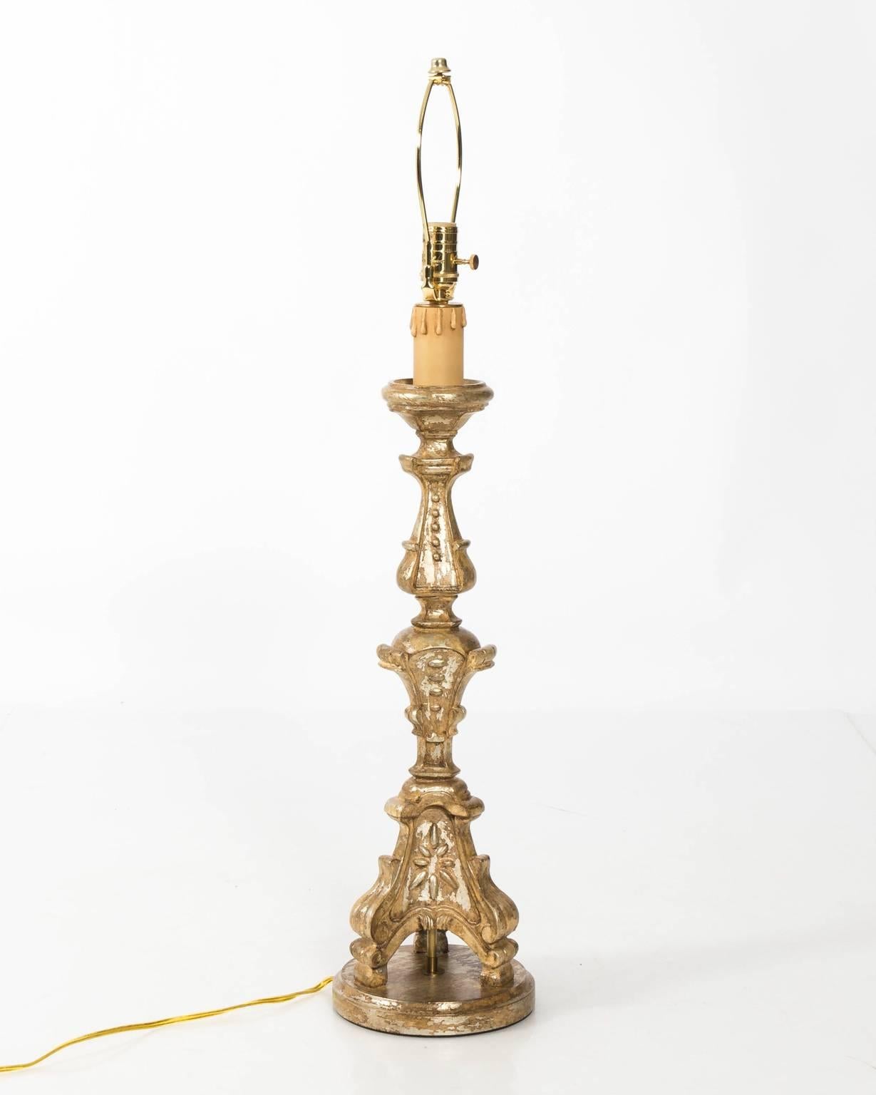 Baroque Pair of Gilded Candlestick Lamps
