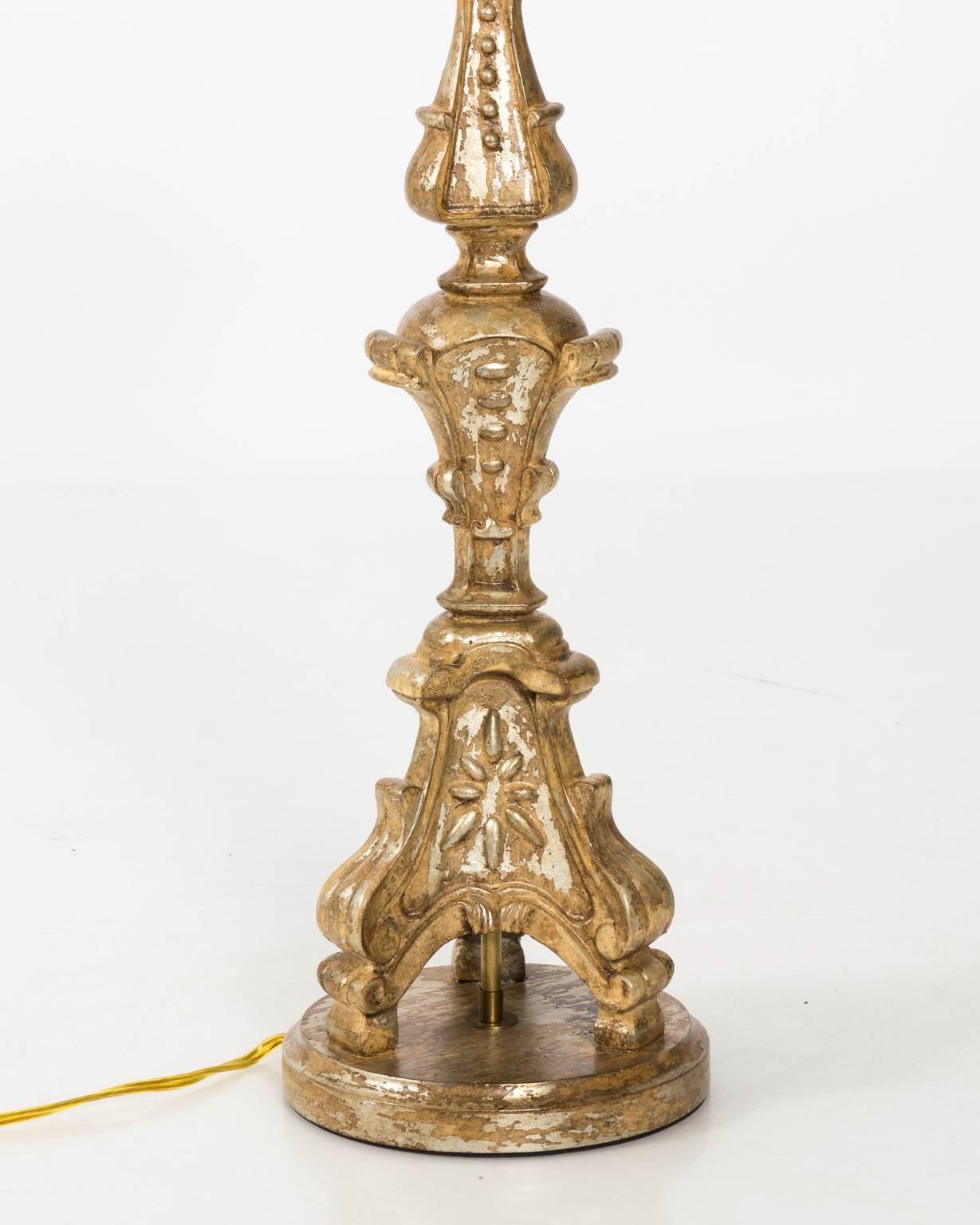 Italian Pair of Gilded Candlestick Lamps