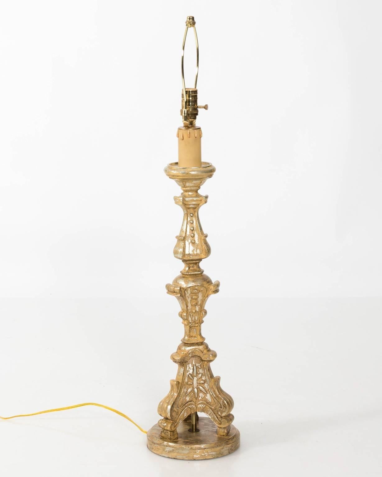Wood Pair of Gilded Candlestick Lamps