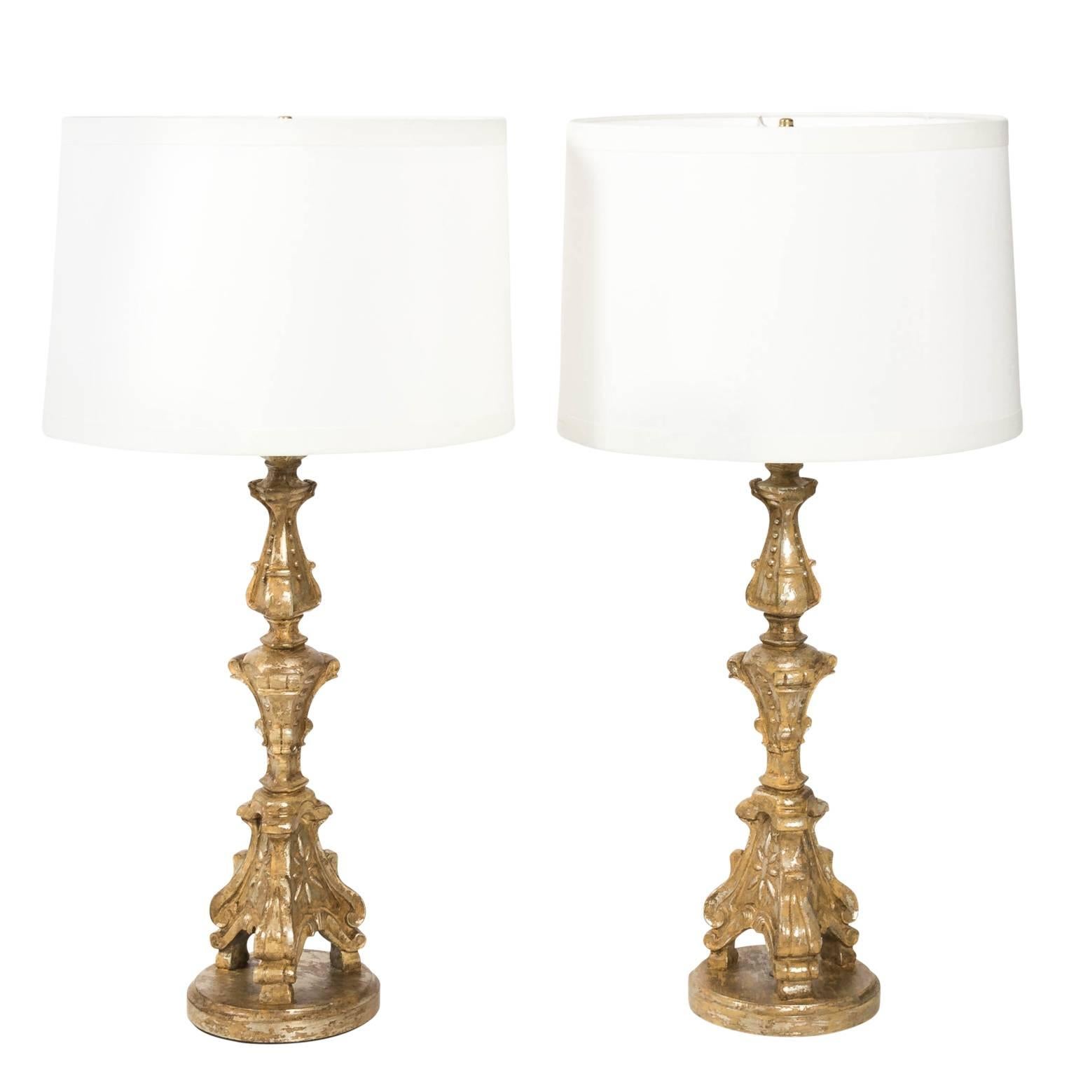 Pair of Gilded Candlestick Lamps