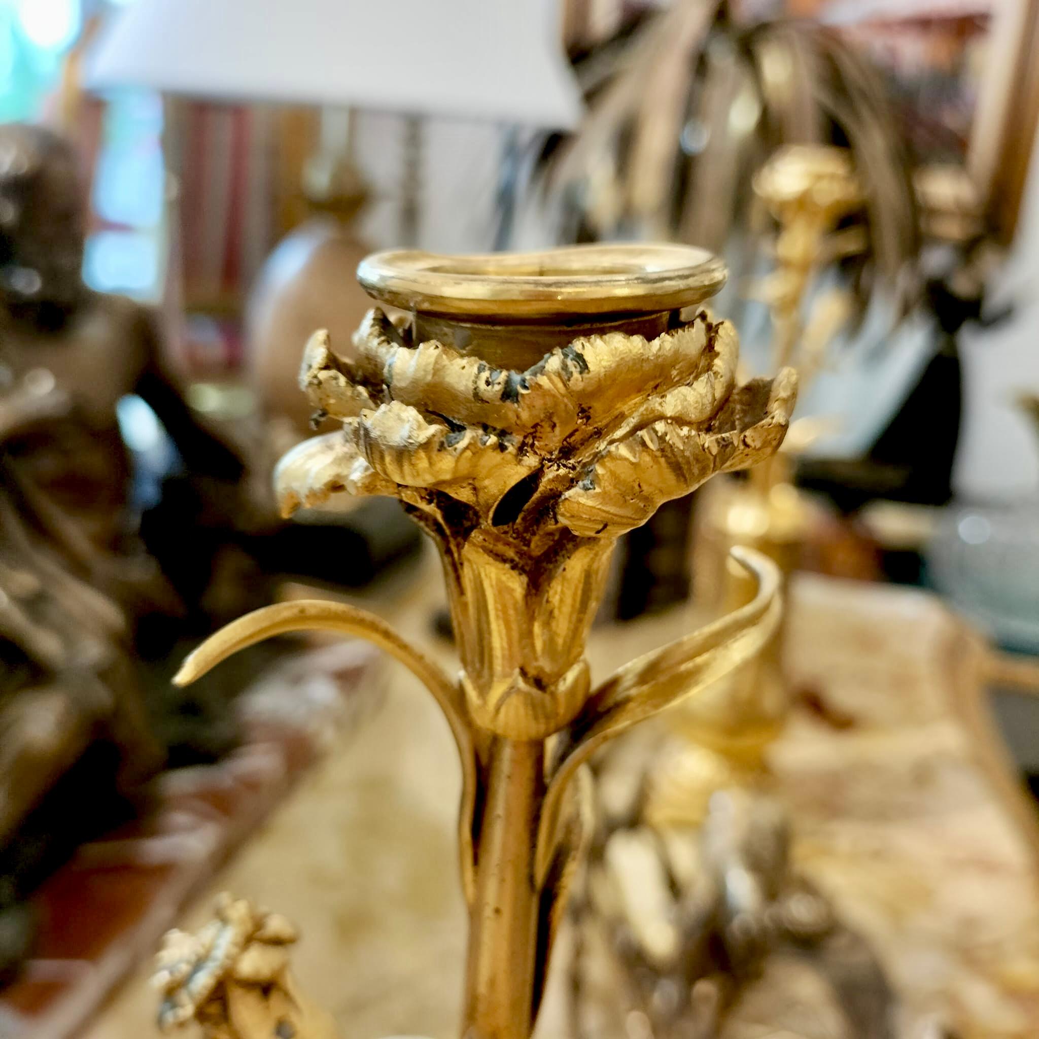 Pair of Gilded Candlesticks with Floral Pattern from Louis XVI (1774-1792) For Sale 2