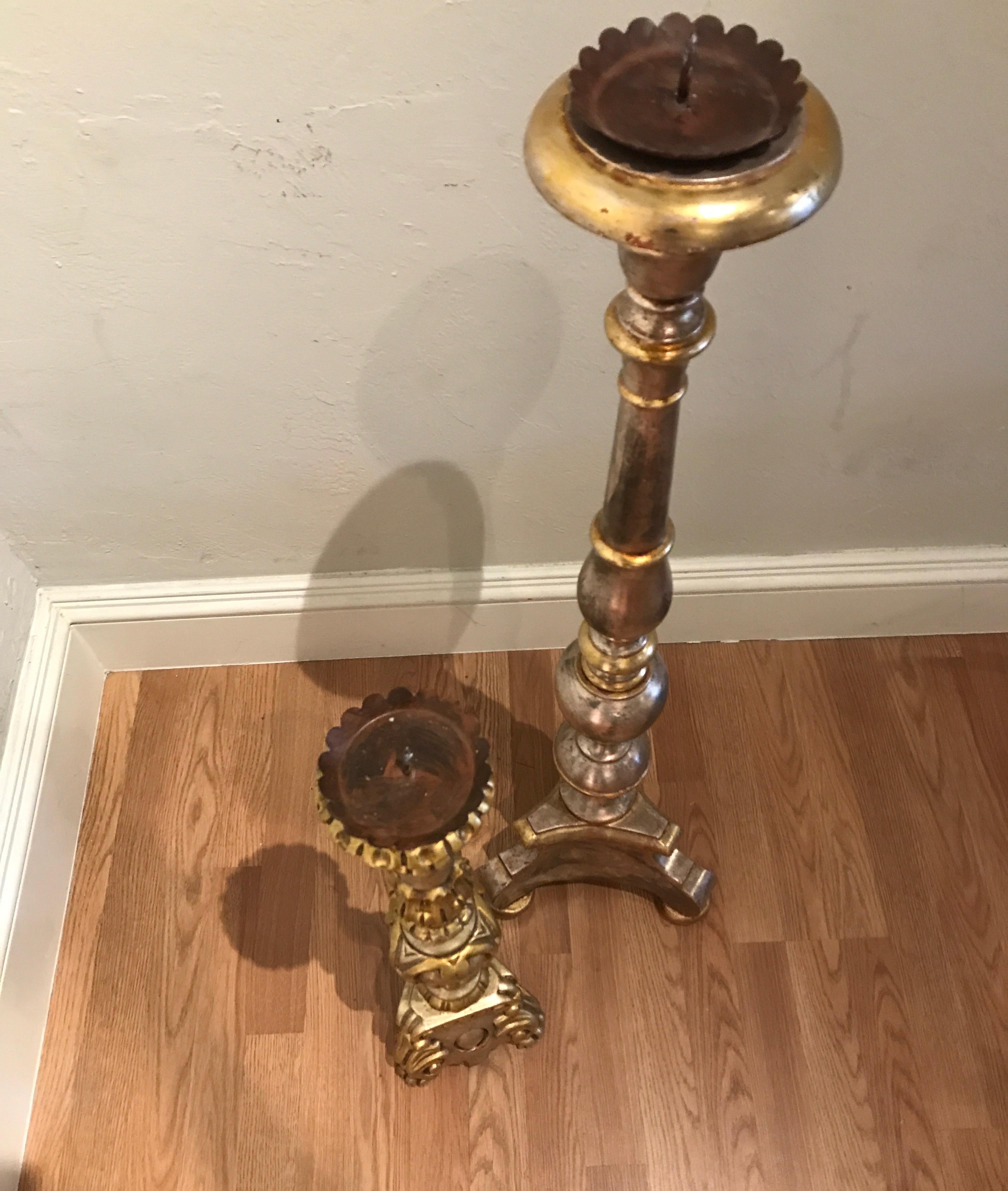 Giltwood Pair of Gilded and Carved Altar Candlesticks For Sale