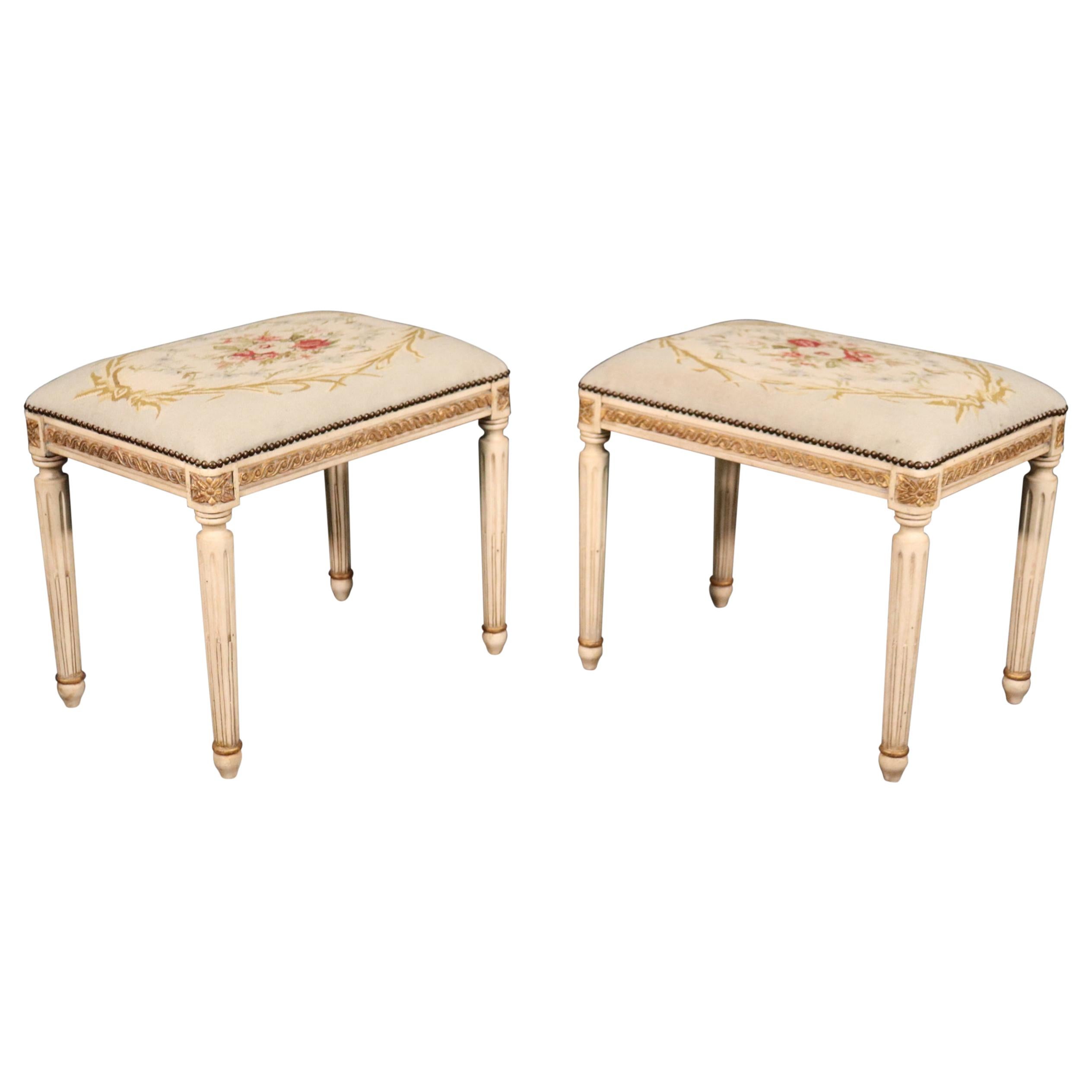 Pair of Gilded Carved French Louis XVI Needlepoint Stools Benches, circa 1950s