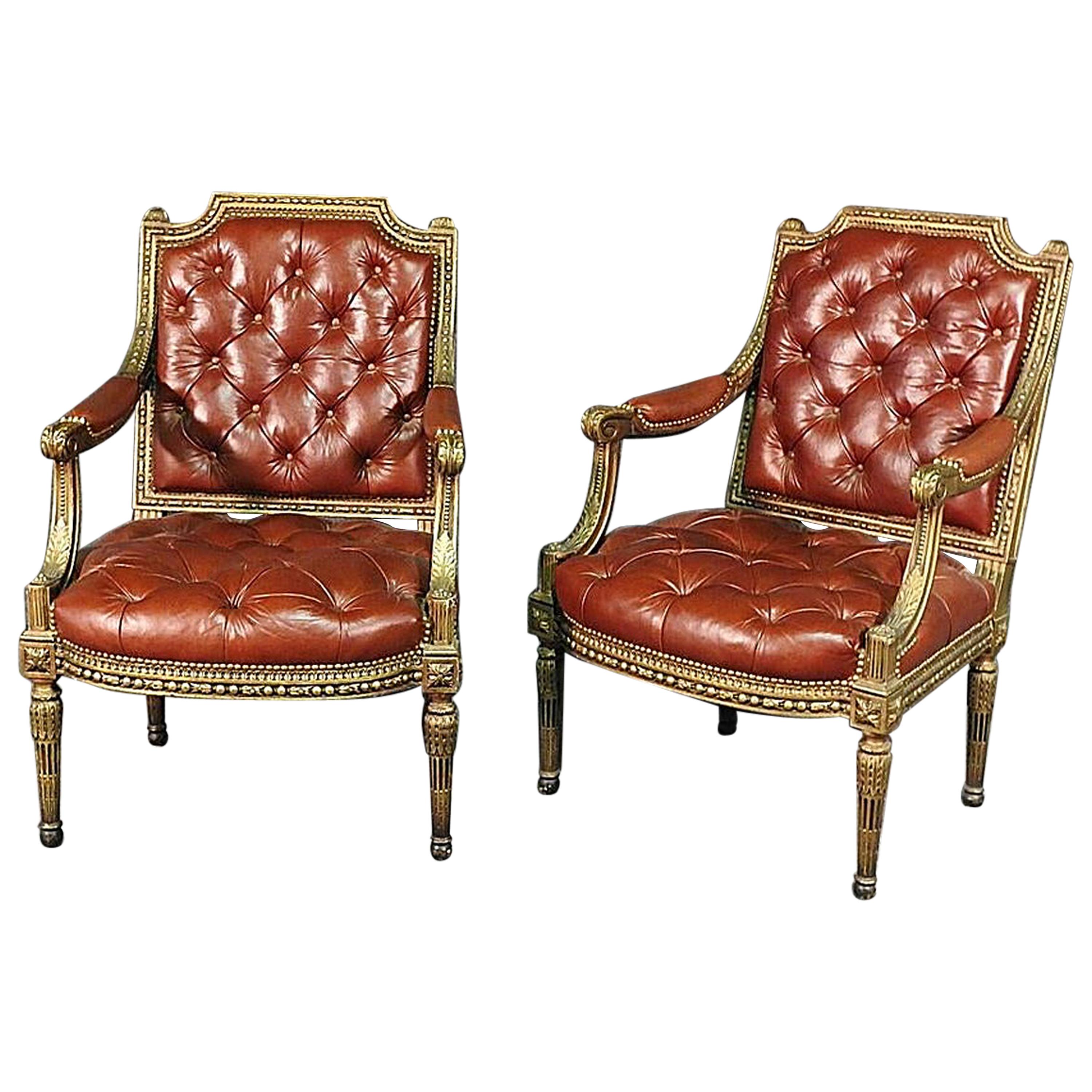 Pair of Gilded Carved Tobacco Brown Leather Tufted Fauteuil Armchairs circa 1920