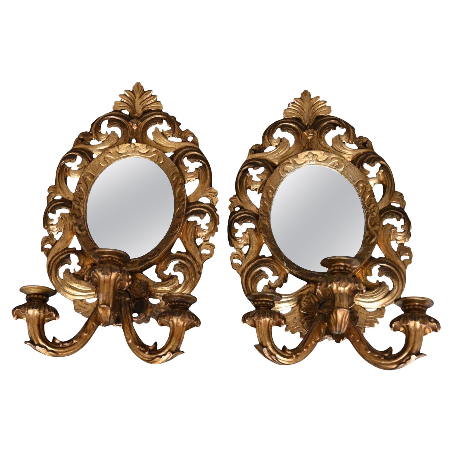 Pair Of Gilded Carved Wood Mirrors/sconces, 19th Century