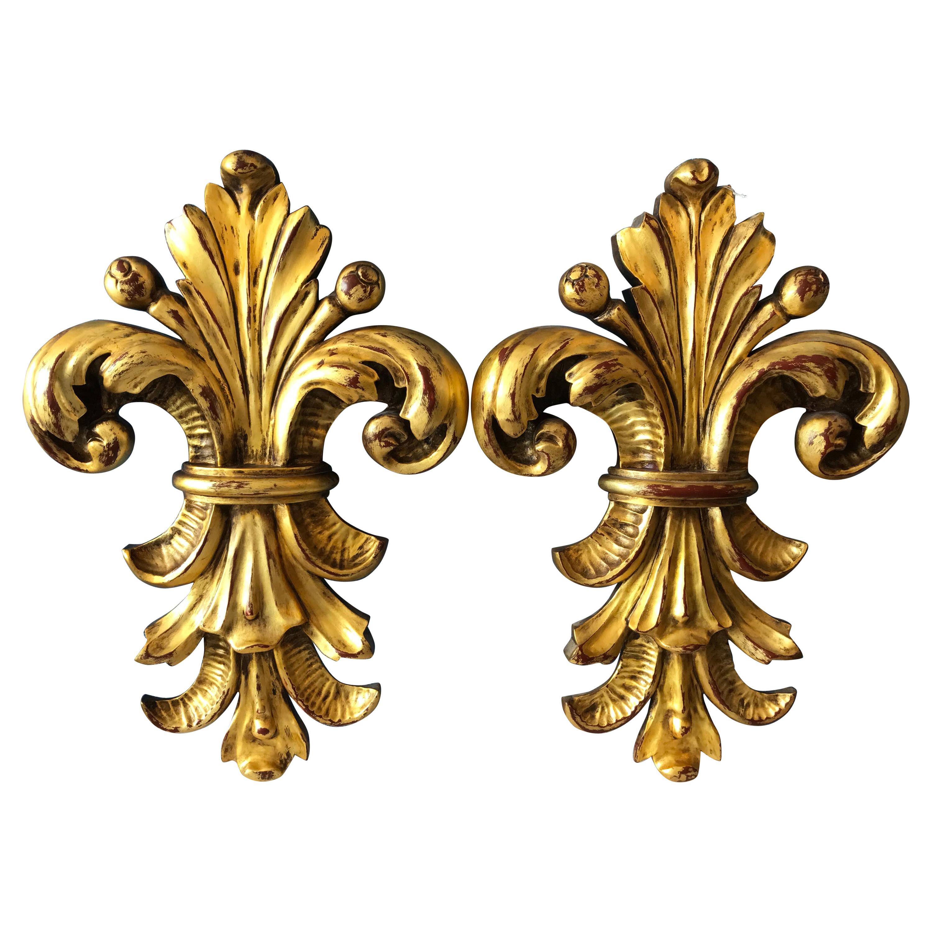 Pair of Gilded Carved Wood Wall Mount Fleur De Lis