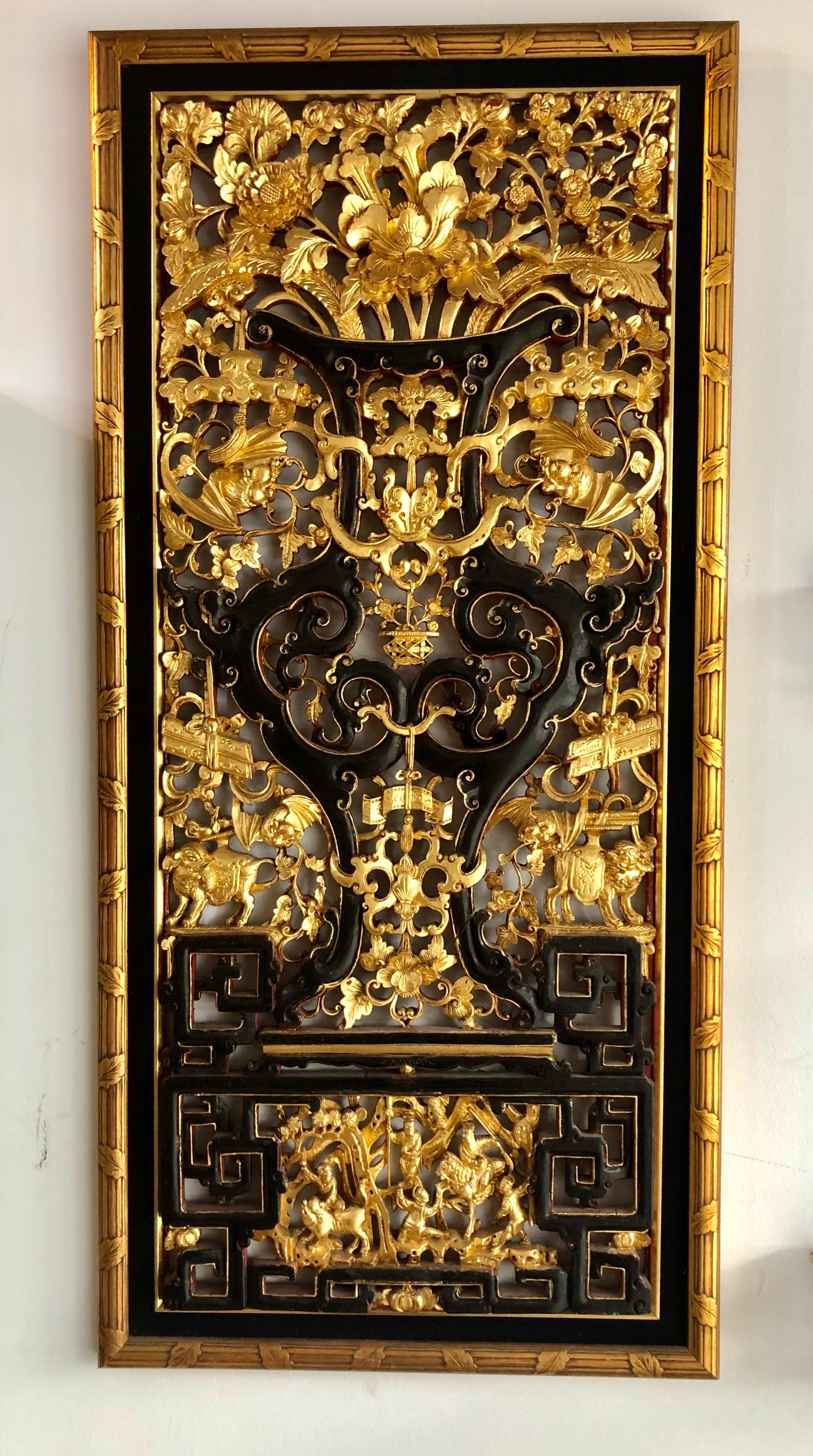 Chinoiserie Pair of Gilded Carved Wood Wall Panels, Circa Early 20th Century