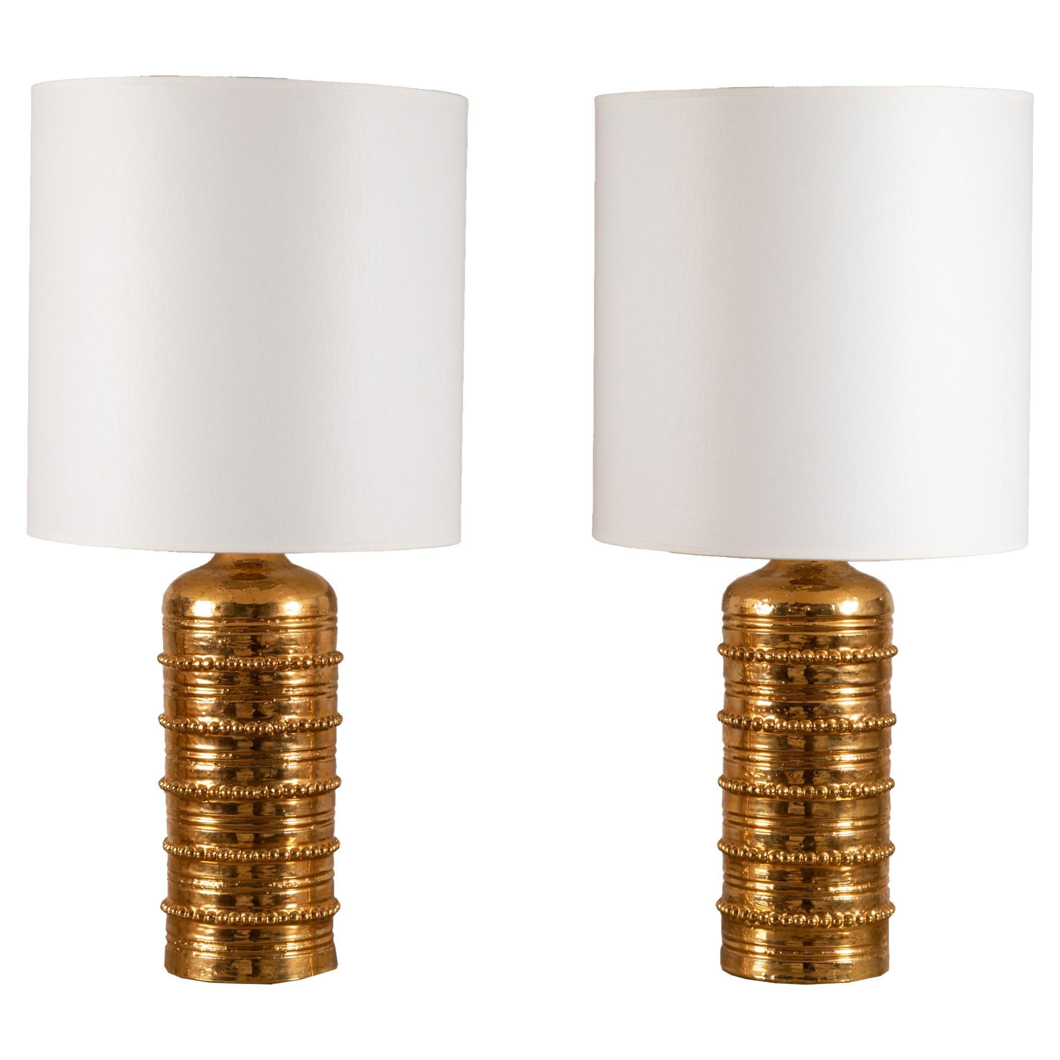 Pair of Gilded Ceramic Lamps by Bitossi