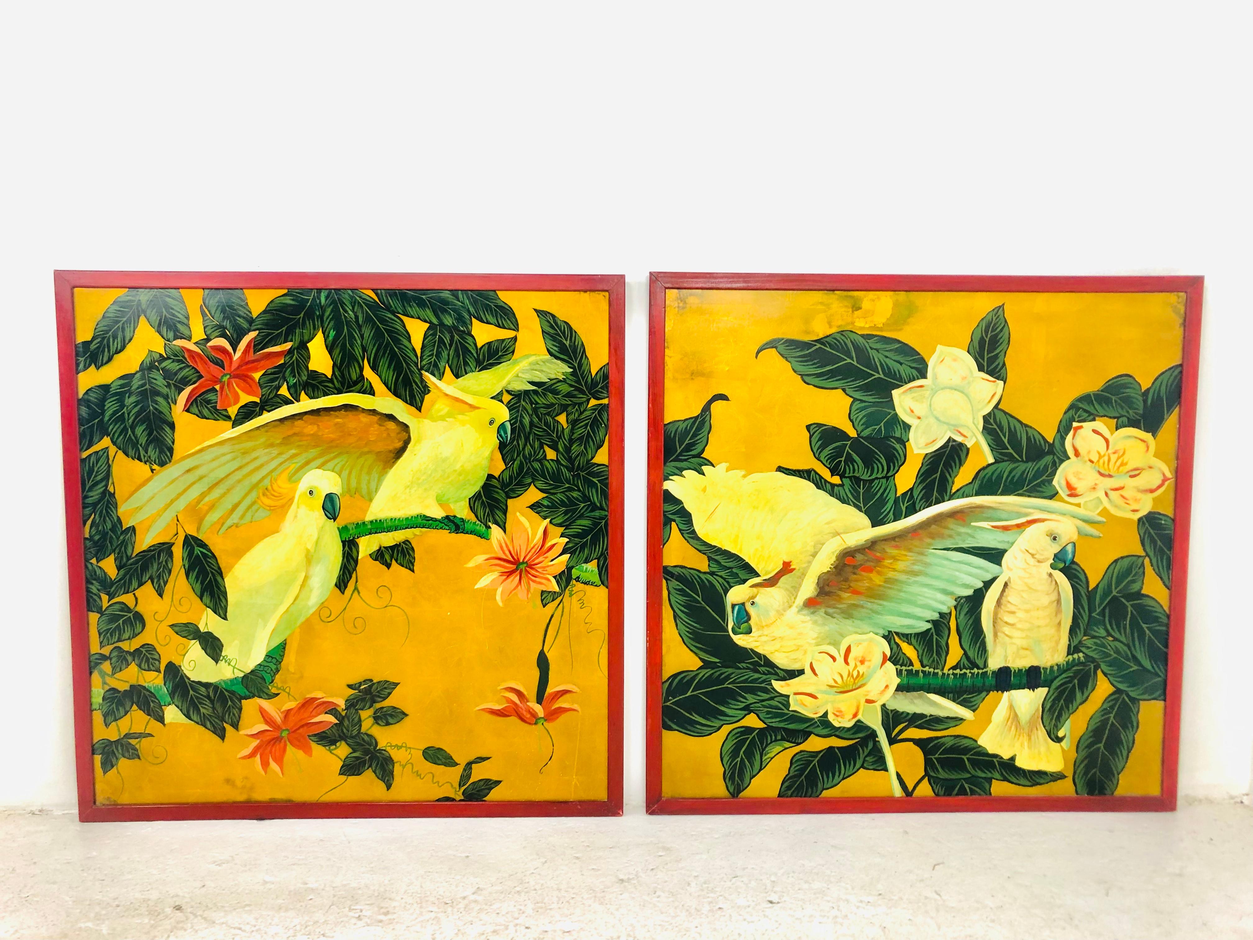 Chinoiserie Pair of Gilded Chinese Cockatoo Paintings