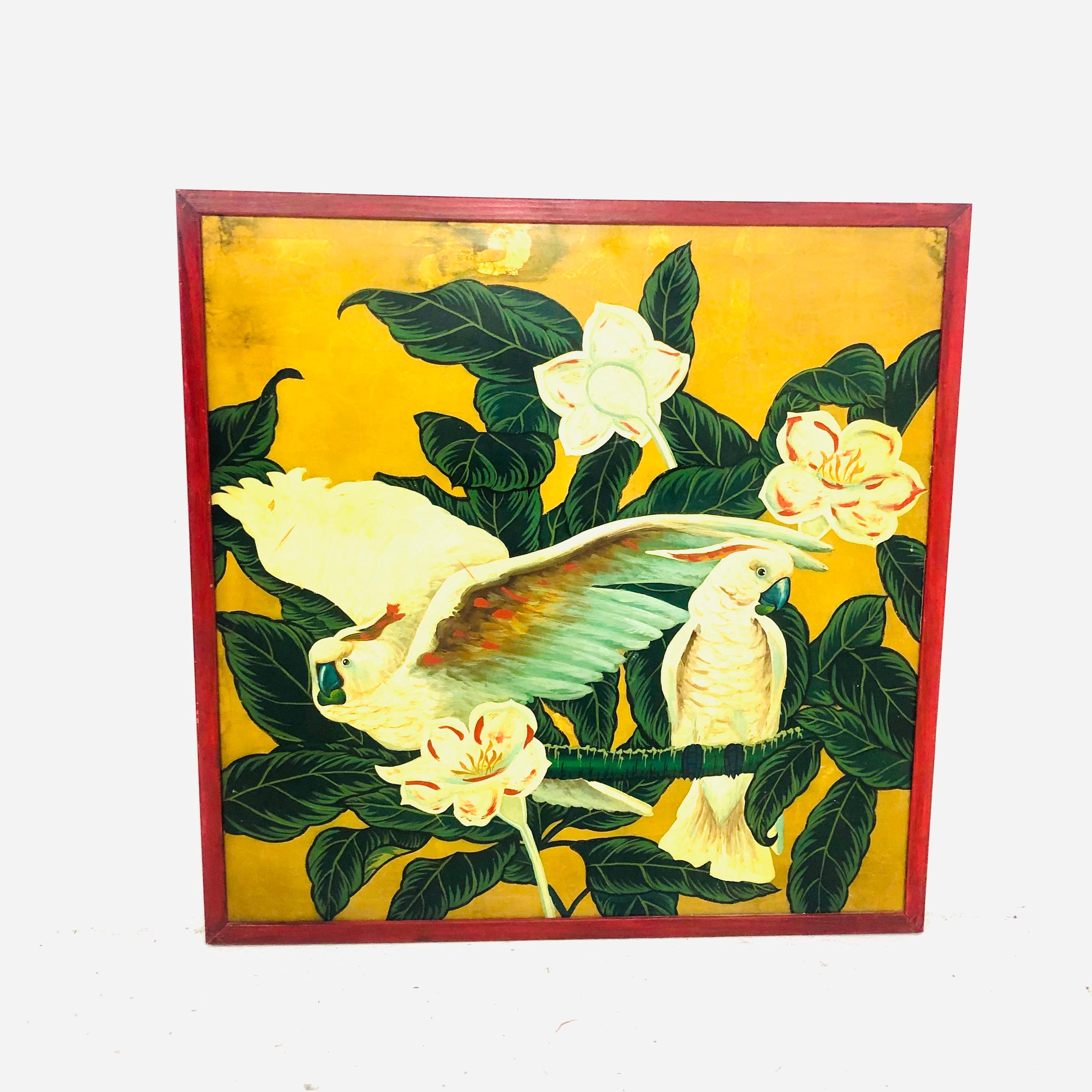 Late 20th Century Pair of Gilded Chinese Cockatoo Paintings