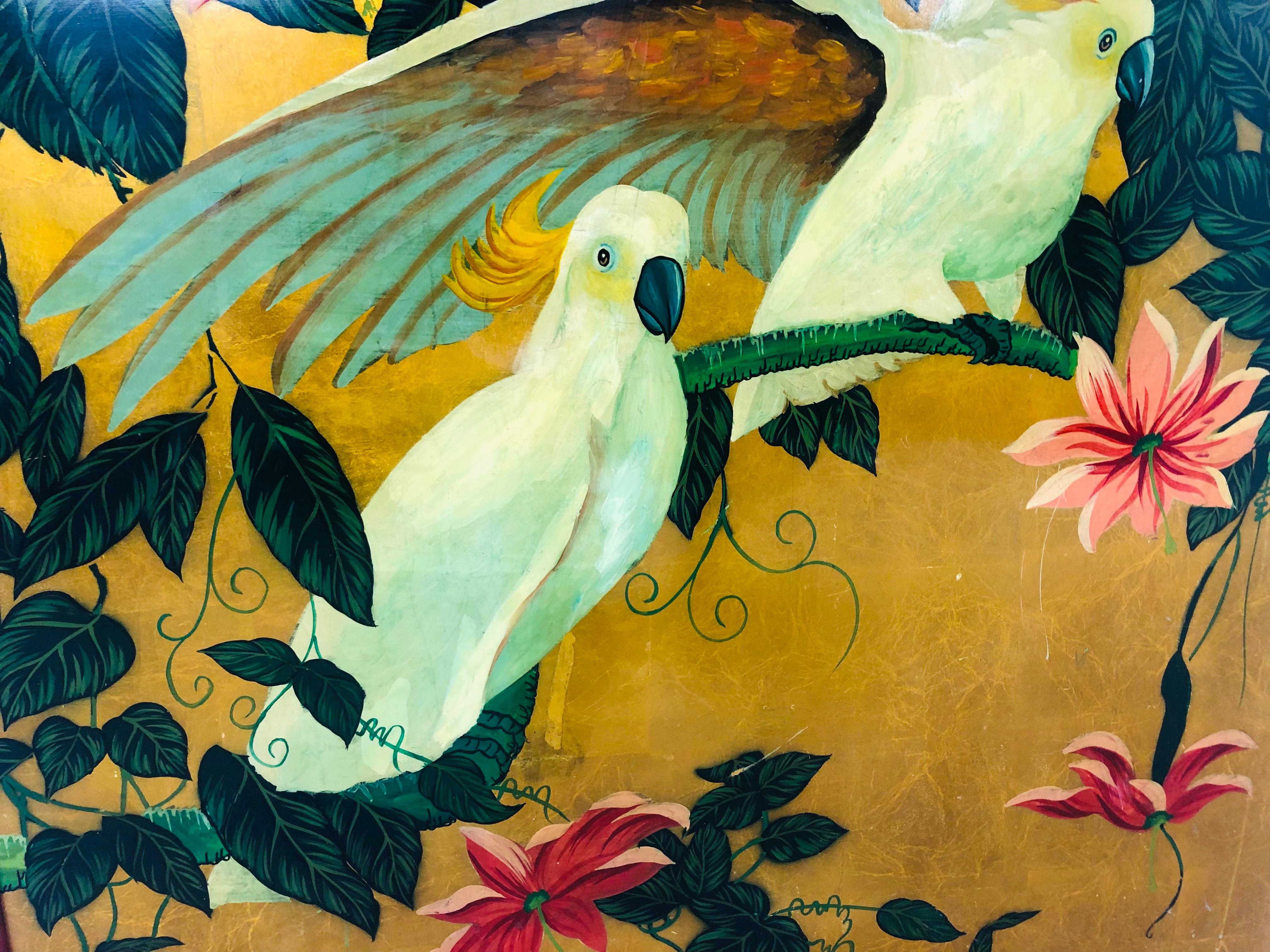 Wood Pair of Gilded Chinese Cockatoo Paintings
