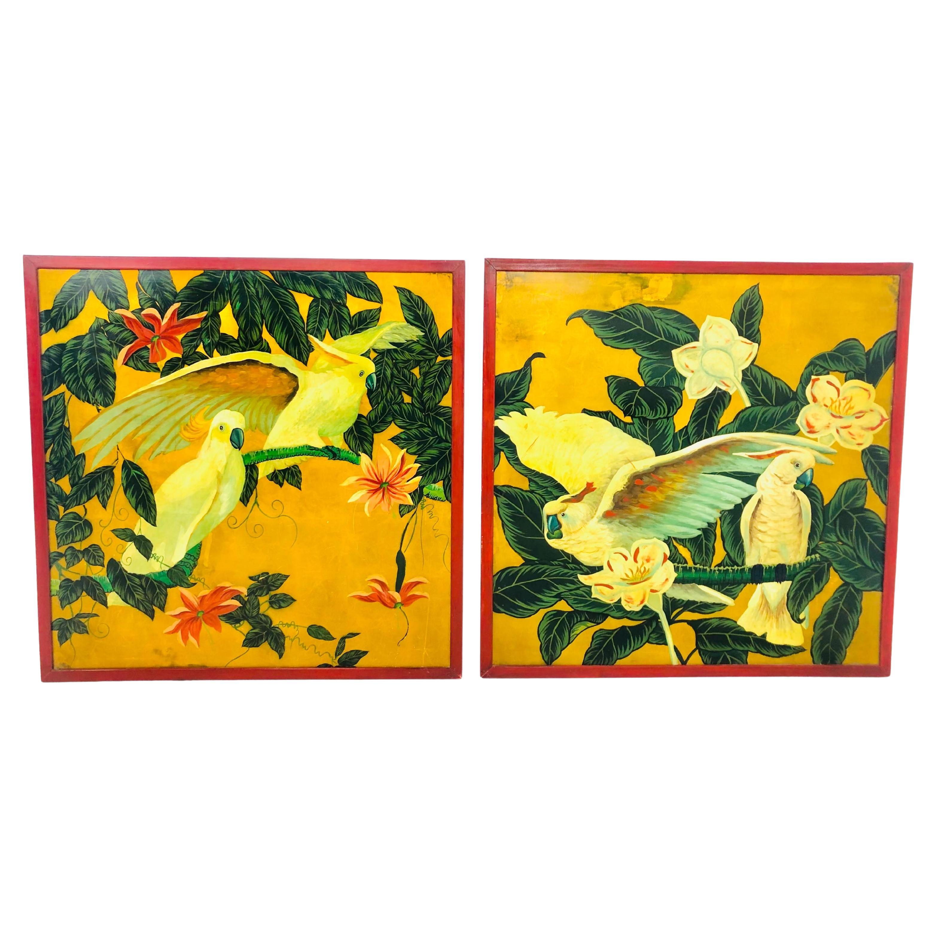 Pair of Gilded Chinese Cockatoo Paintings