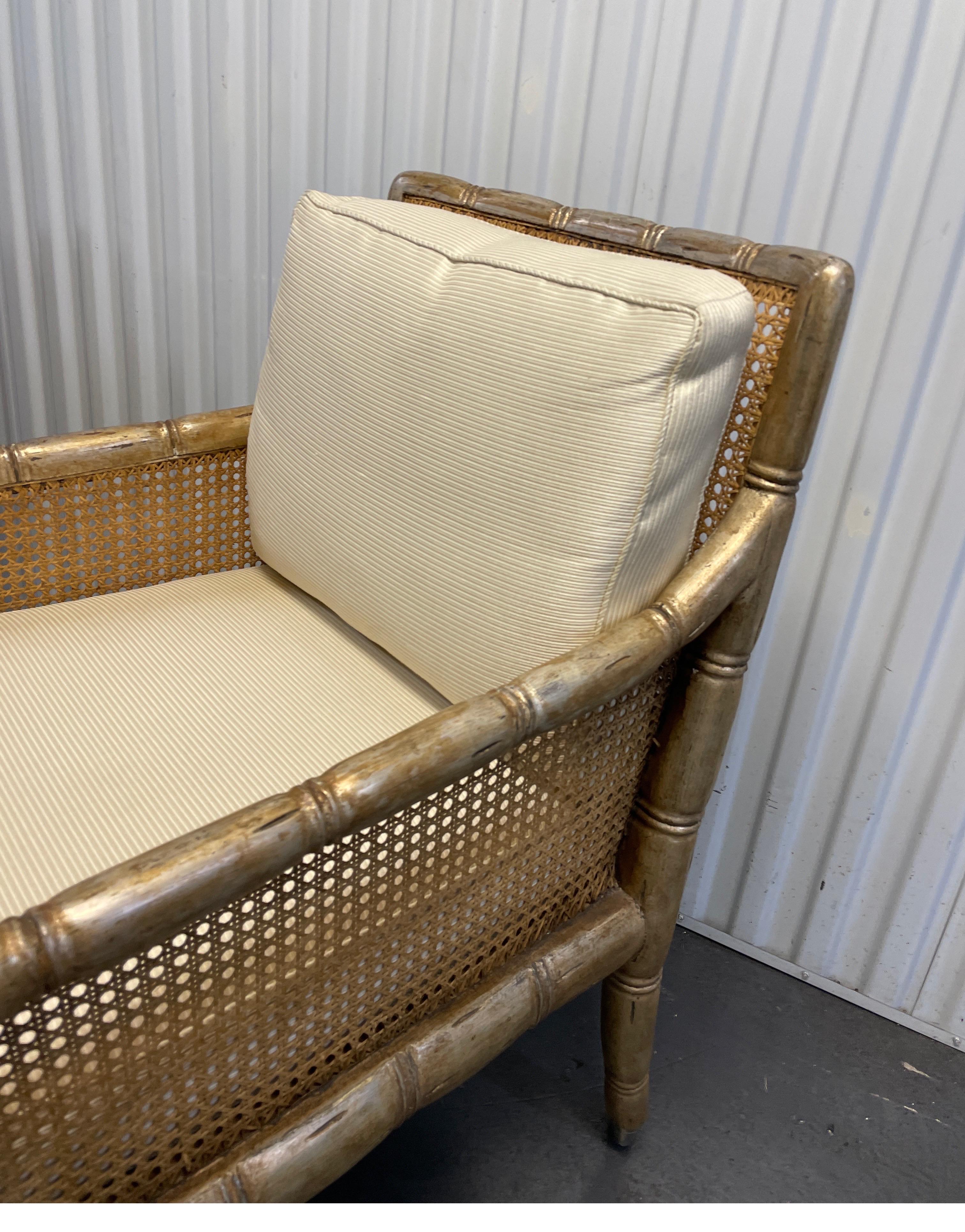 Pair of Gilded Faux Bamboo Hollywood Regency Style Armchairs In Good Condition In West Palm Beach, FL