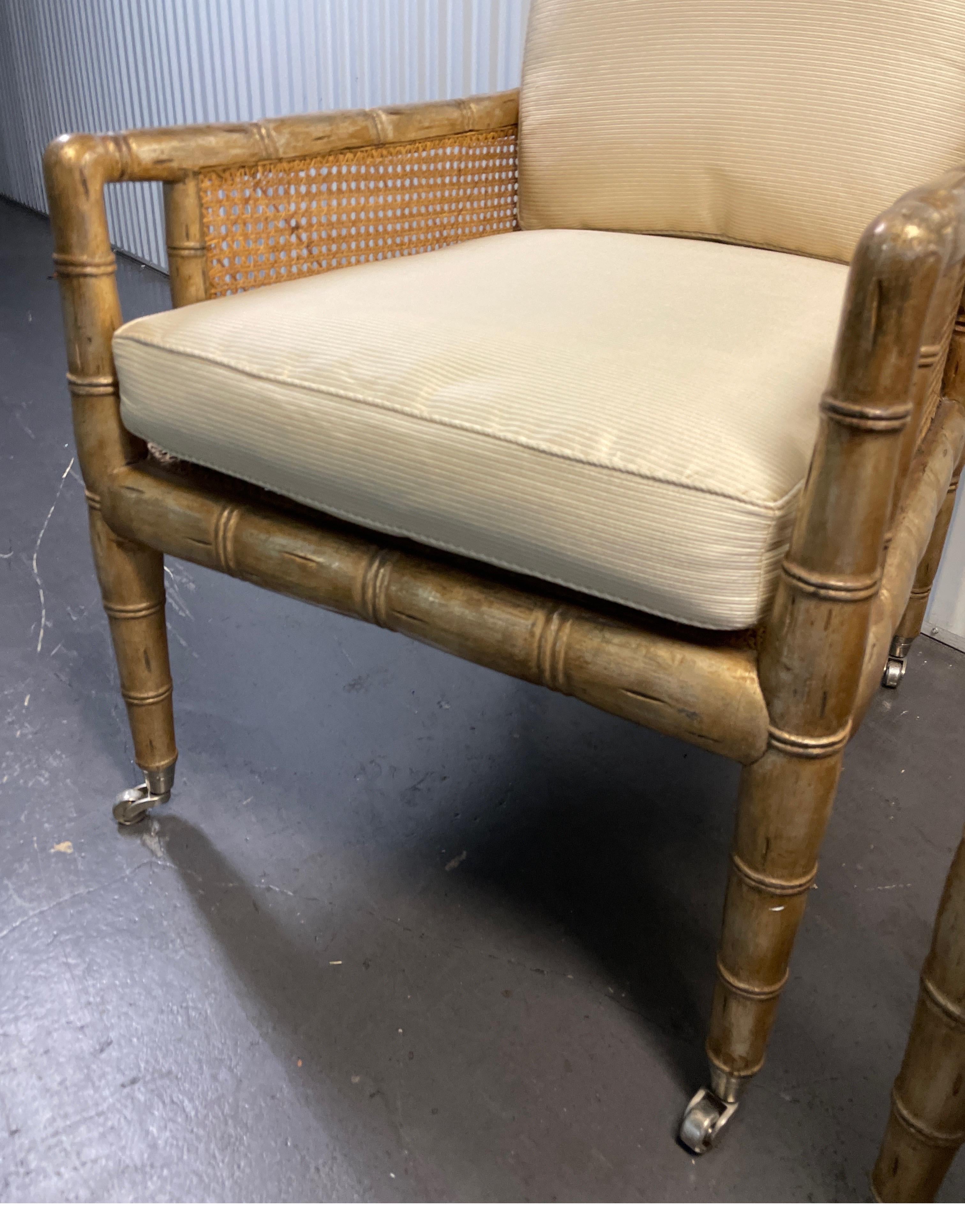 20th Century Pair of Gilded Faux Bamboo Hollywood Regency Style Armchairs