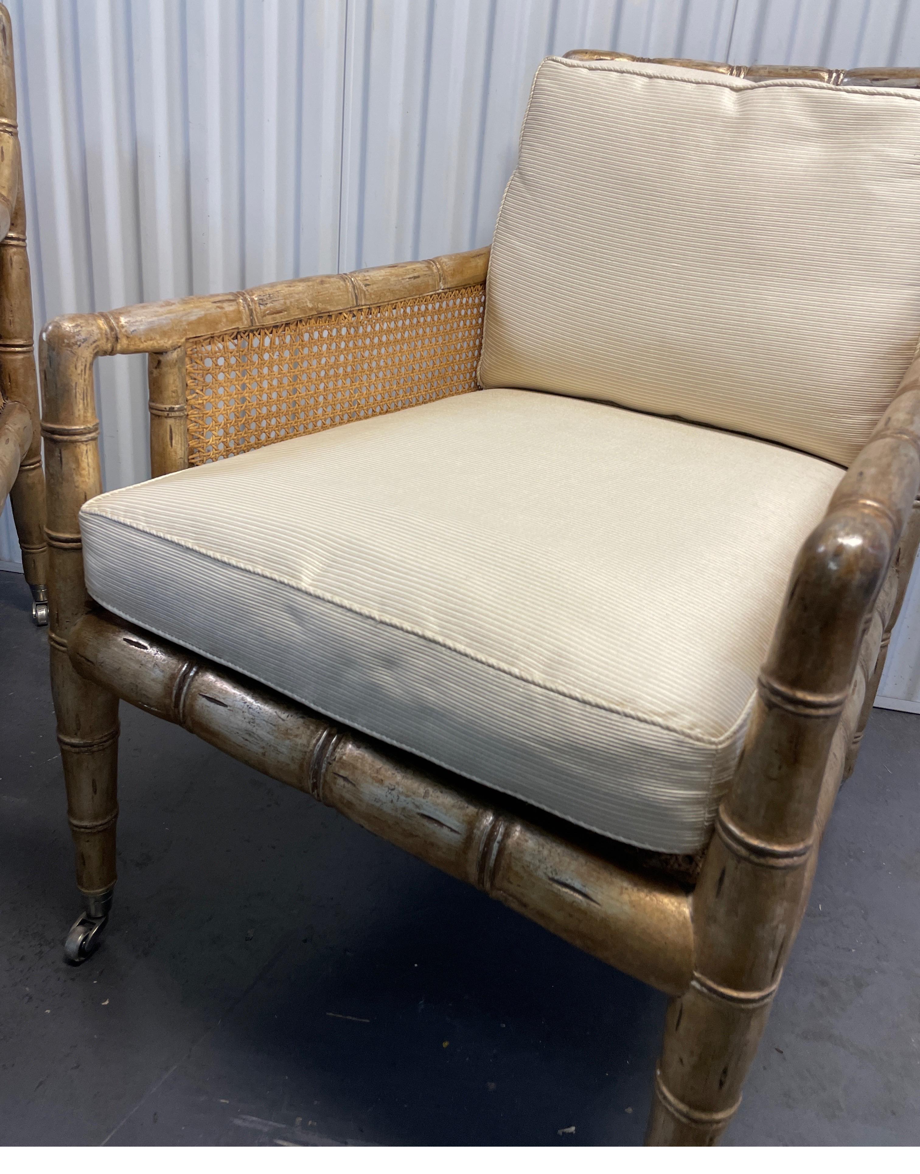 Pair of Gilded Faux Bamboo Hollywood Regency Style Armchairs 1