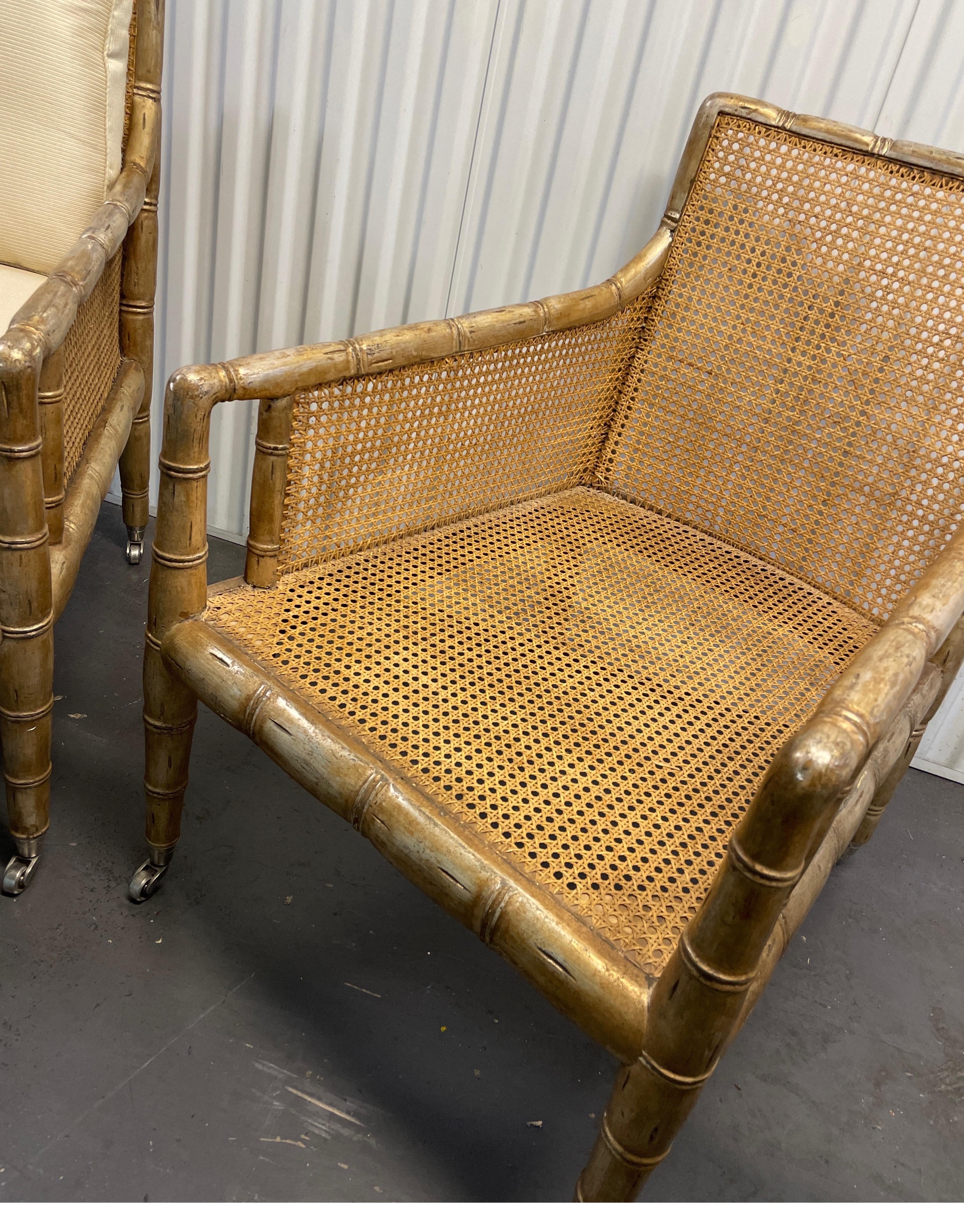 Pair of Gilded Faux Bamboo Hollywood Regency Style Armchairs 2