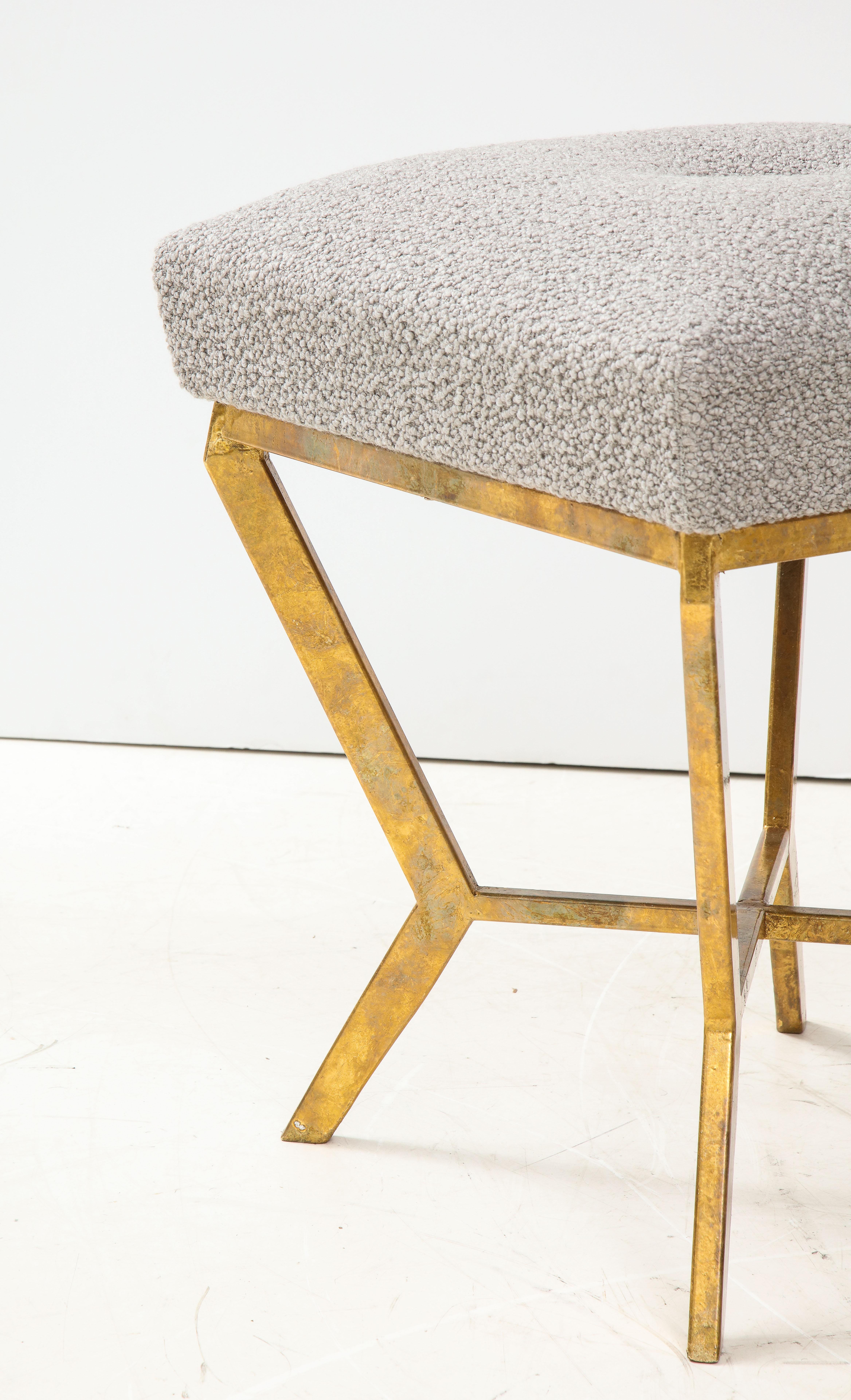 Pair of Gilded Gold Leaf Iron Stools with Tufted Grey Boucle, Italy, 2021 3