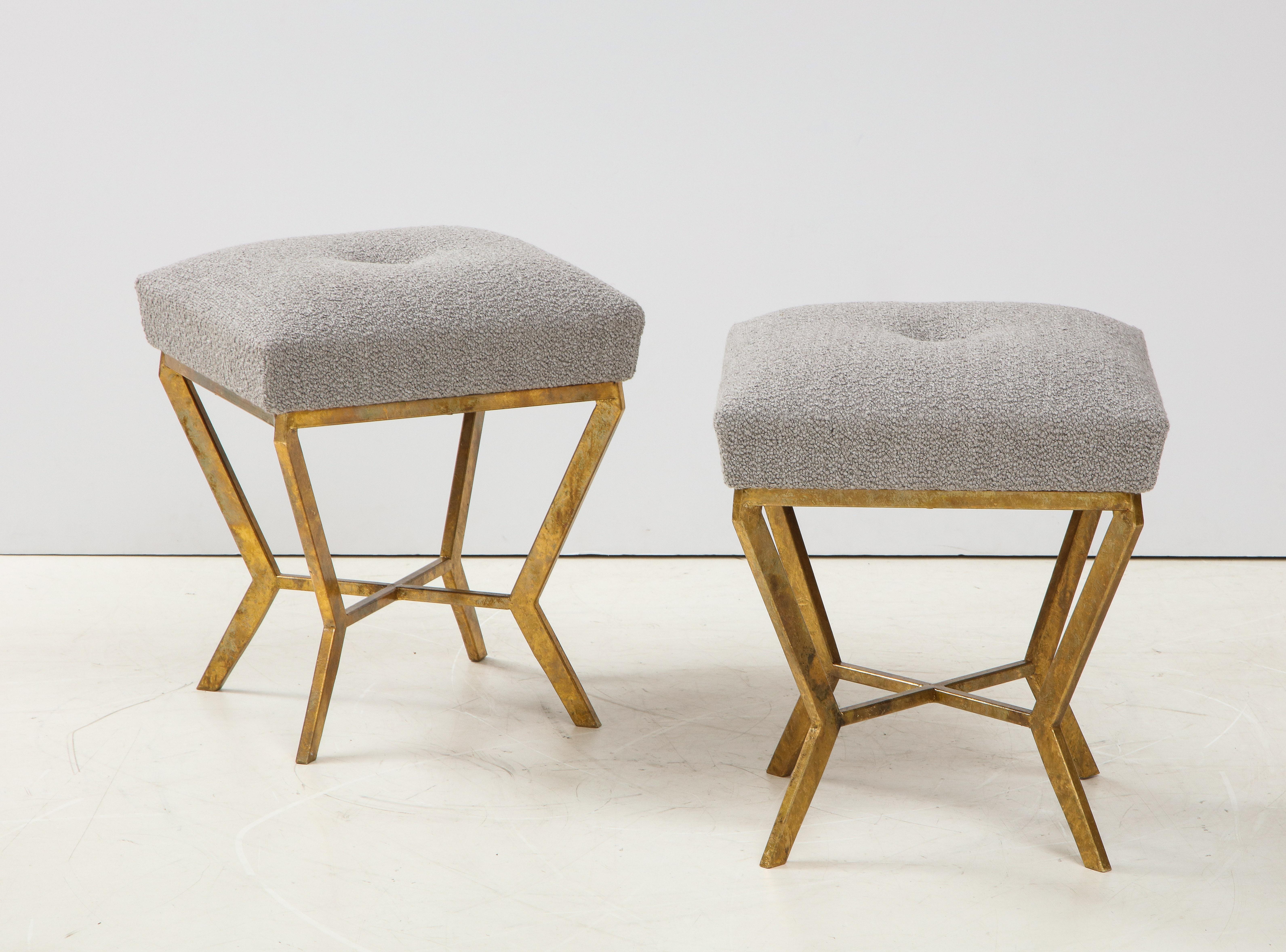 Gilt Pair of Gilded Gold Leaf Iron Stools with Tufted Grey Boucle, Italy, 2021