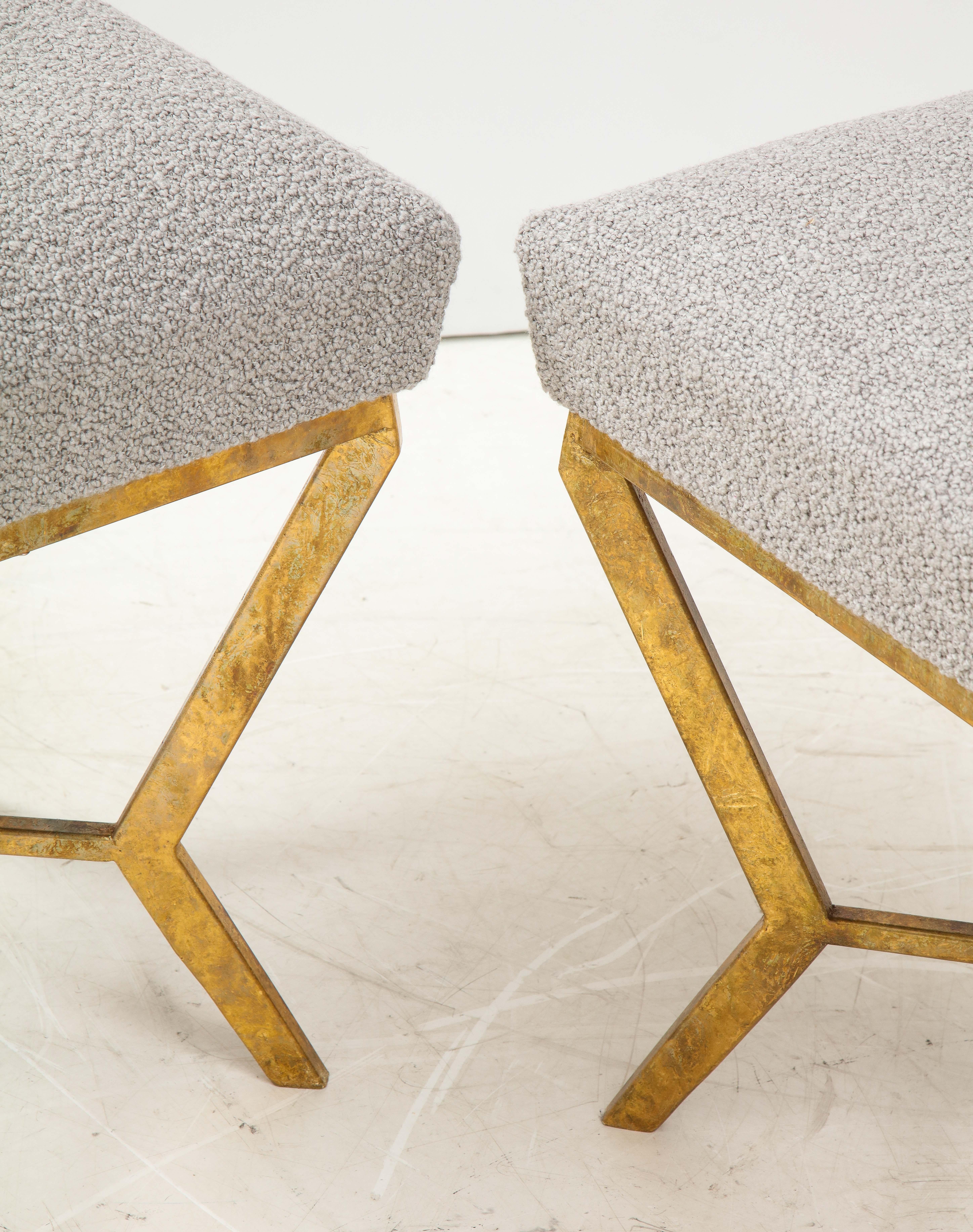 Pair of Gilded Gold Leaf Iron Stools with Tufted Grey Boucle, Italy, 2021 In New Condition In New York, NY