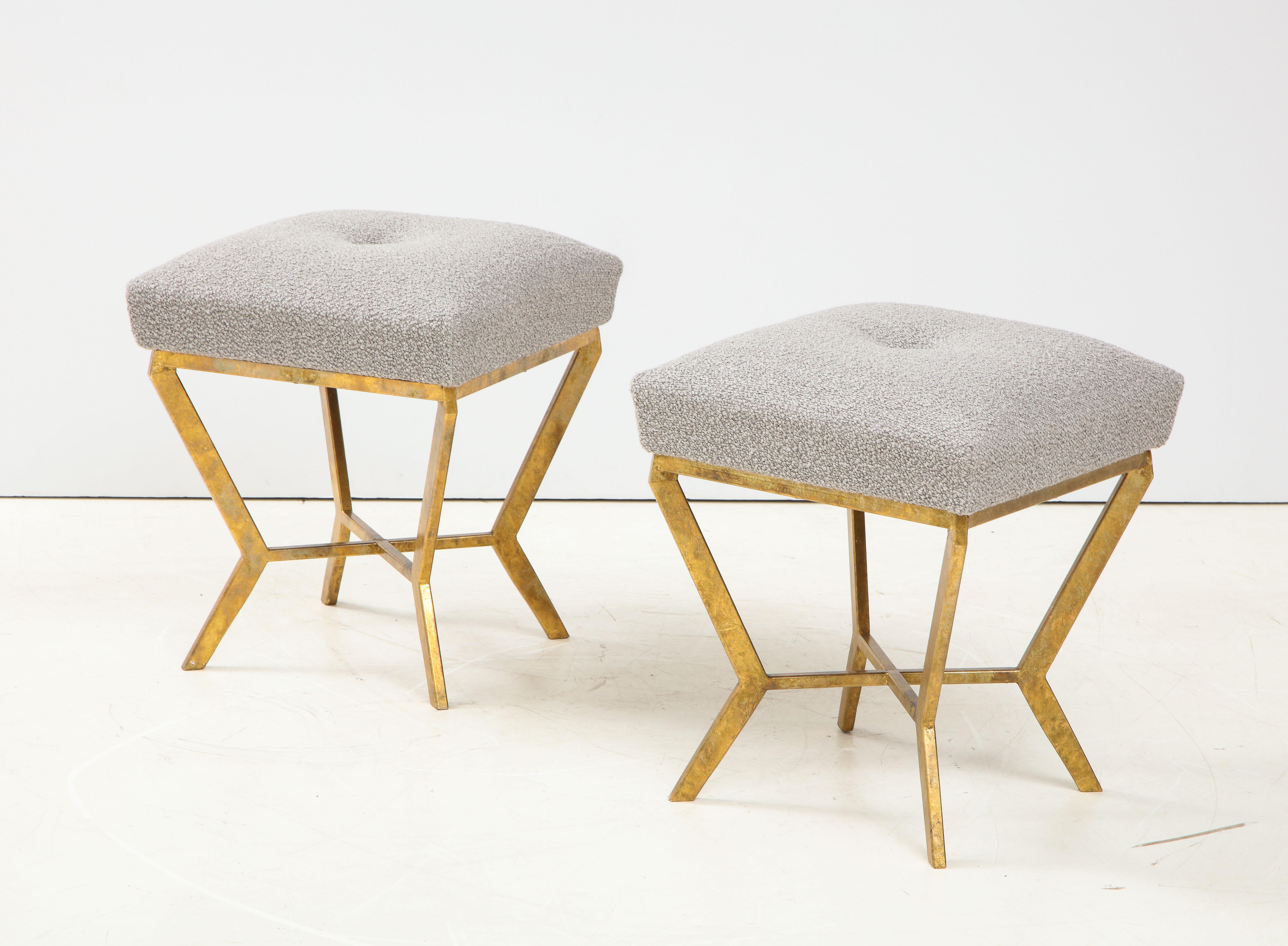 Contemporary Pair of Gilded Gold Leaf Iron Stools with Tufted Grey Boucle, Italy, 2021
