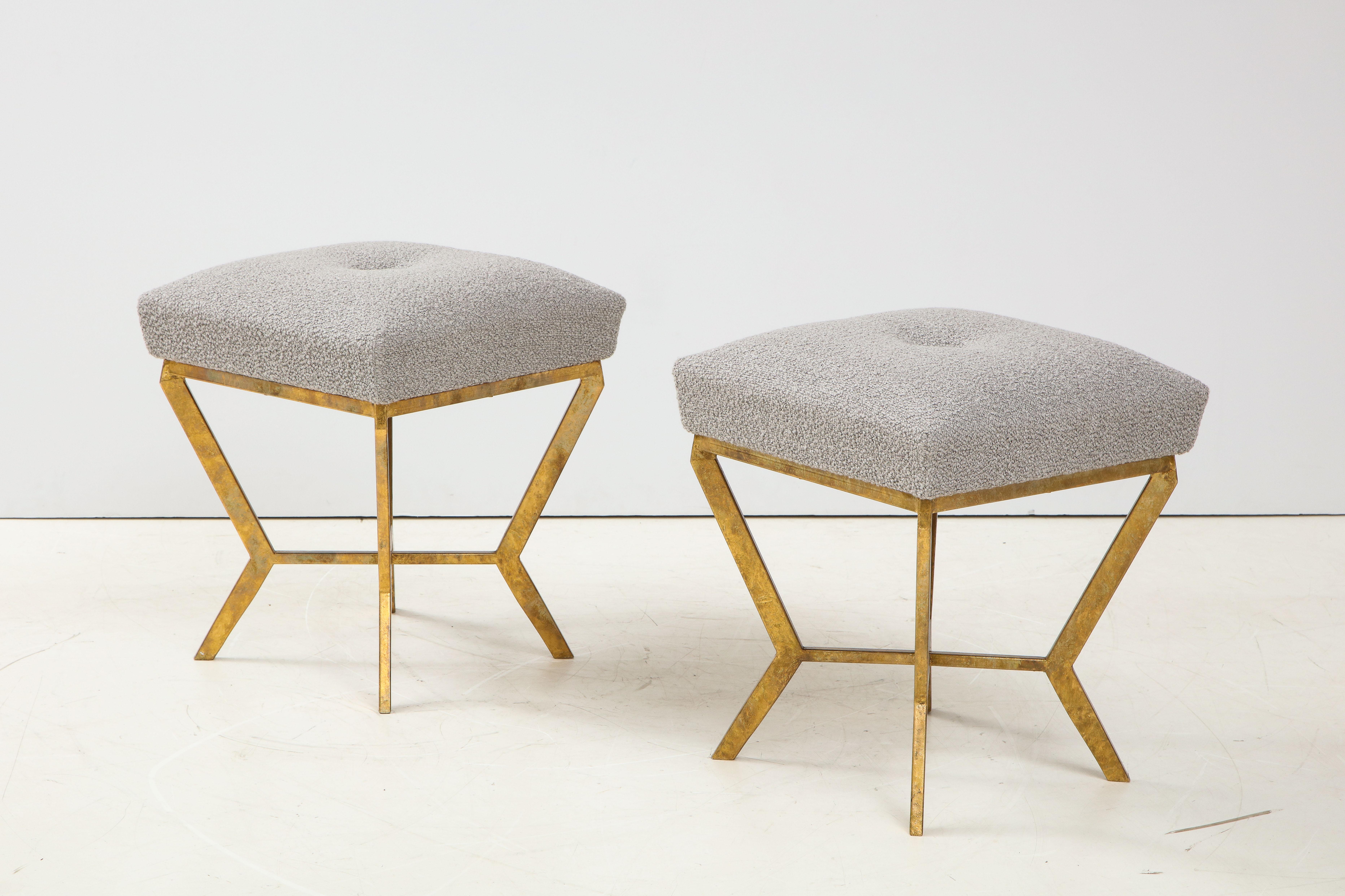 Pair of Gilded Gold Leaf Iron Stools with Tufted Grey Boucle, Italy, 2021 1