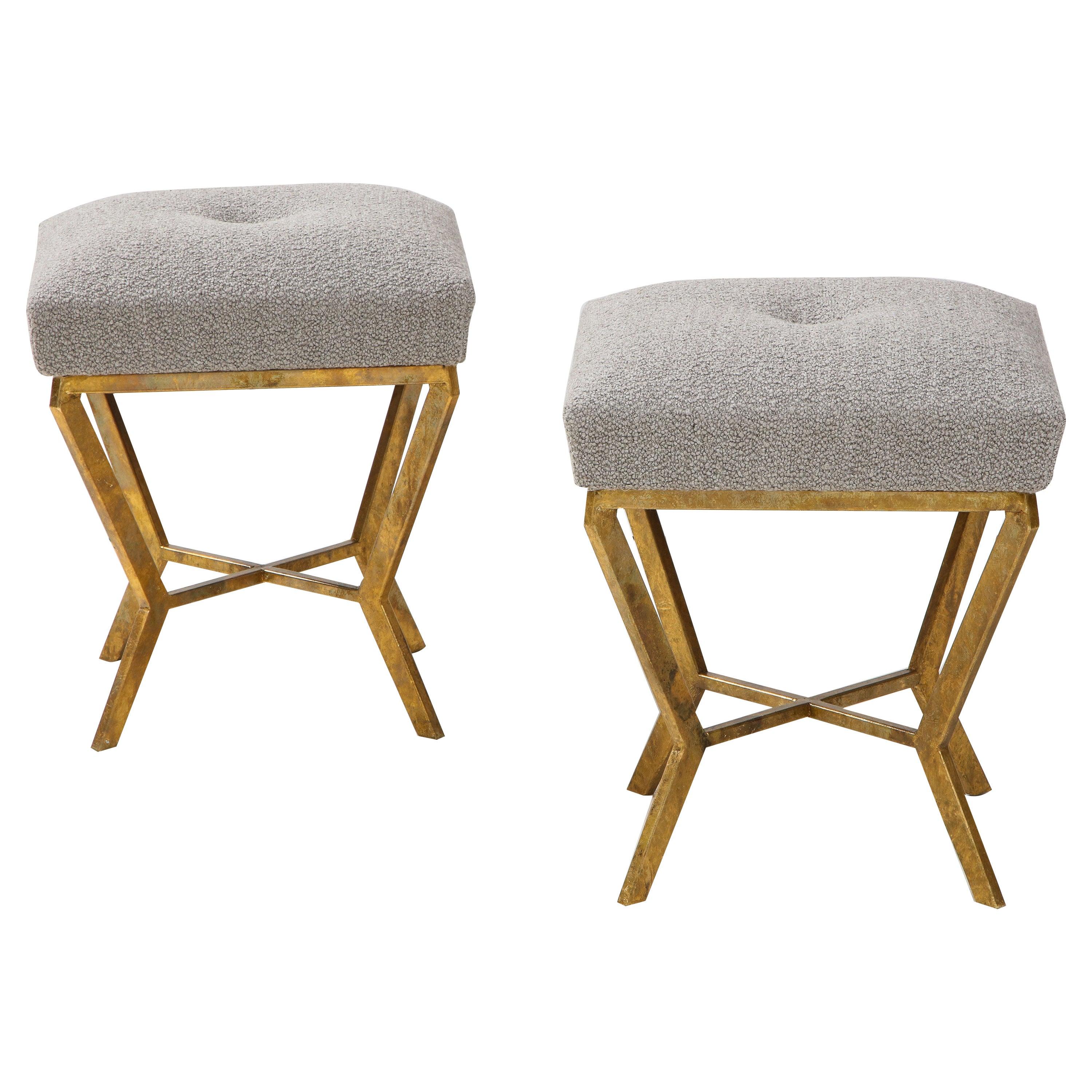 Pair of Gilded Gold Leaf Iron Stools with Tufted Grey Boucle, Italy, 2021