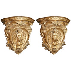 Pair of Gilded Hand-Carved Cherubic Wall Brackets