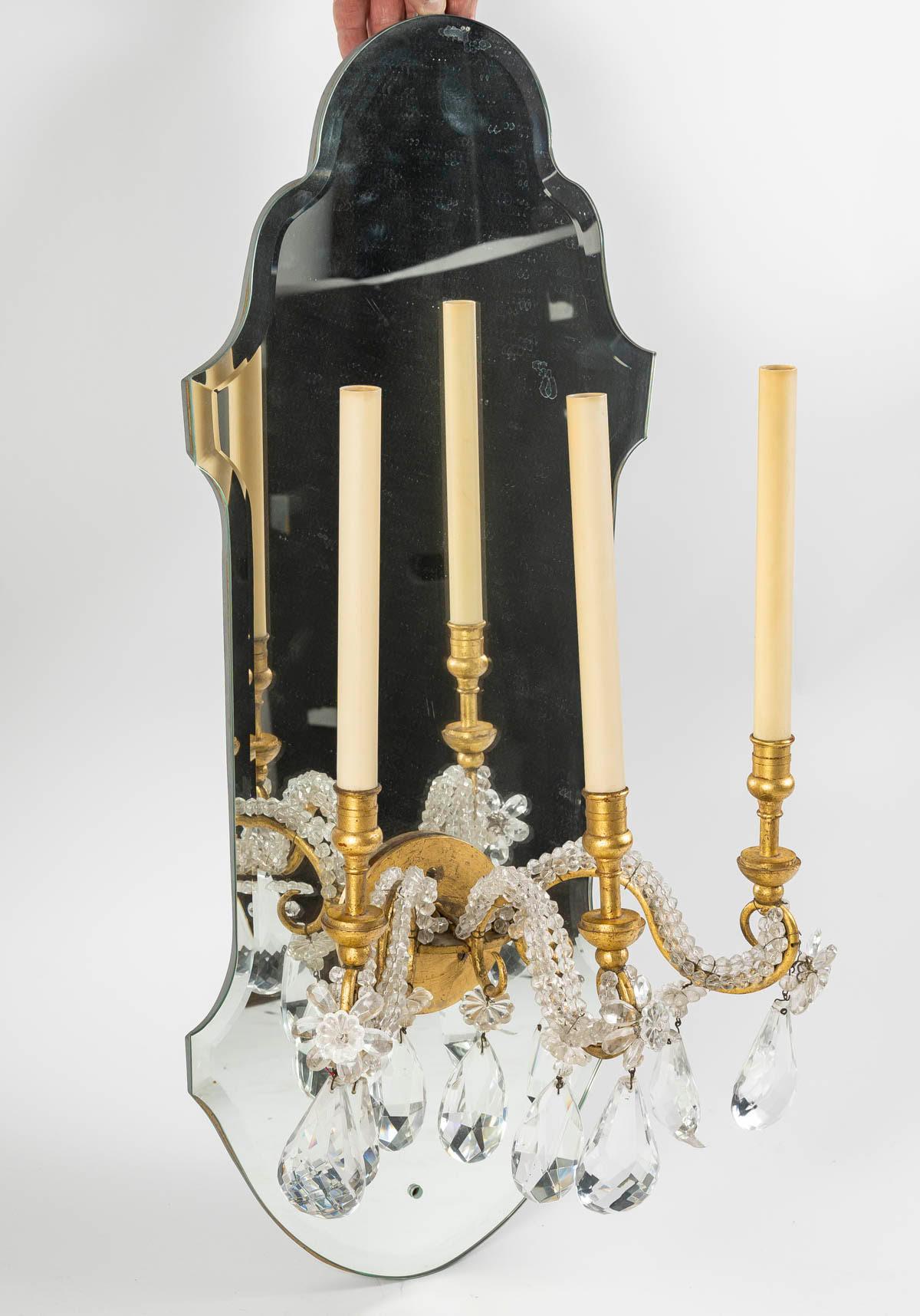 Gilt Pair of Gilded Iron and Mirror Sconces with Glass Drops, 1950-1960. For Sale