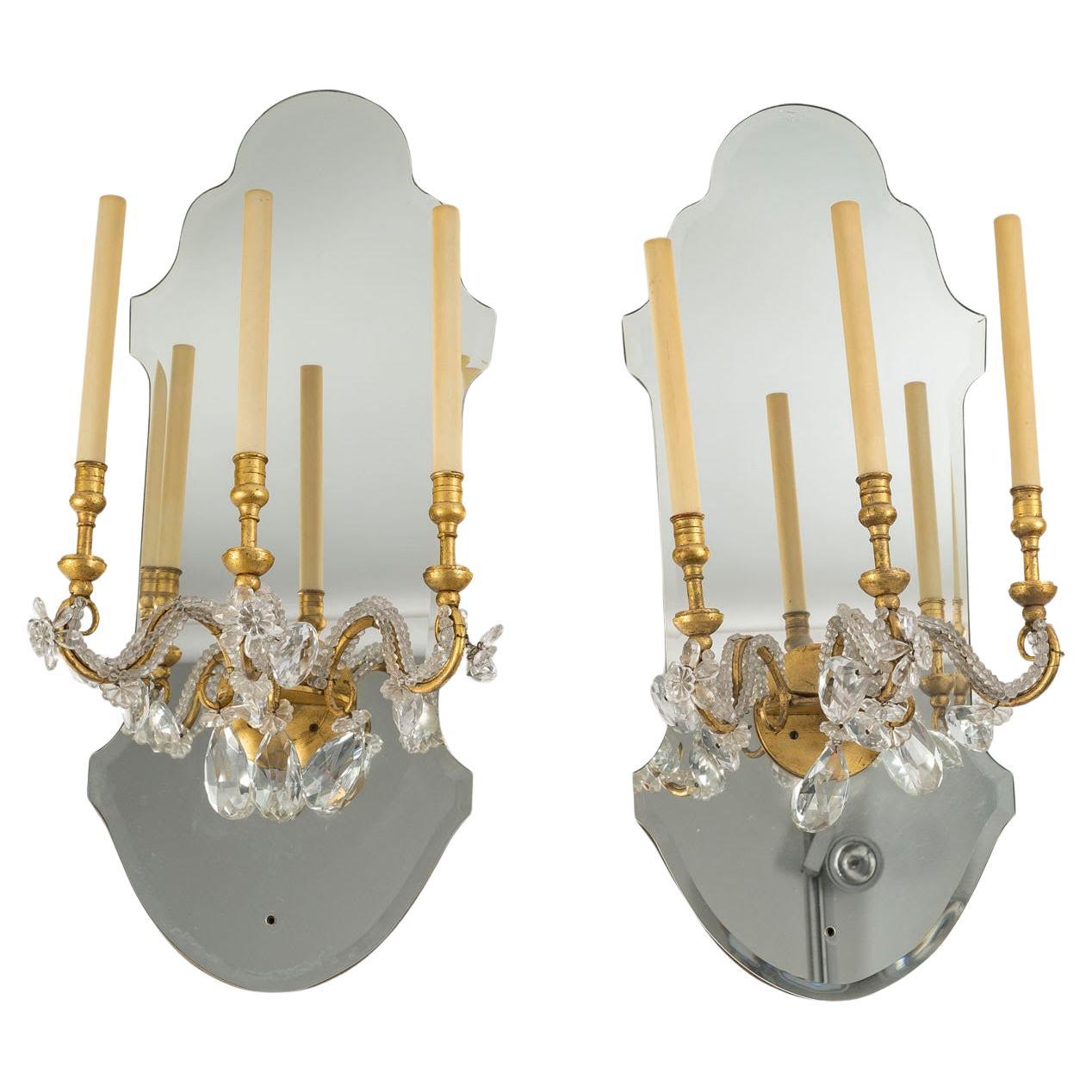 Pair of Gilded Iron and Mirror Sconces with Glass Drops, 1950-1960. For Sale