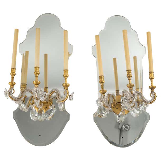Pair of Gilded Iron and Mirror Sconces with Glass Drops, 1950-1960. For ...