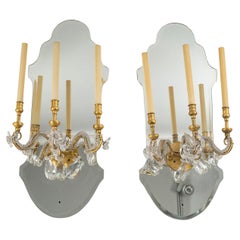 Vintage Pair of Gilded Iron and Mirror Sconces with Glass Drops, 1950-1960.