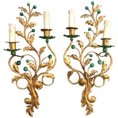 Pair of Gilded Metal and Lacquered Green Appliques, 'Style Baguès', circa 1950
