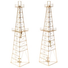 Pair of Gilded Metal Oil Rig Tower Sculptures or Wall Sculptures Vintage