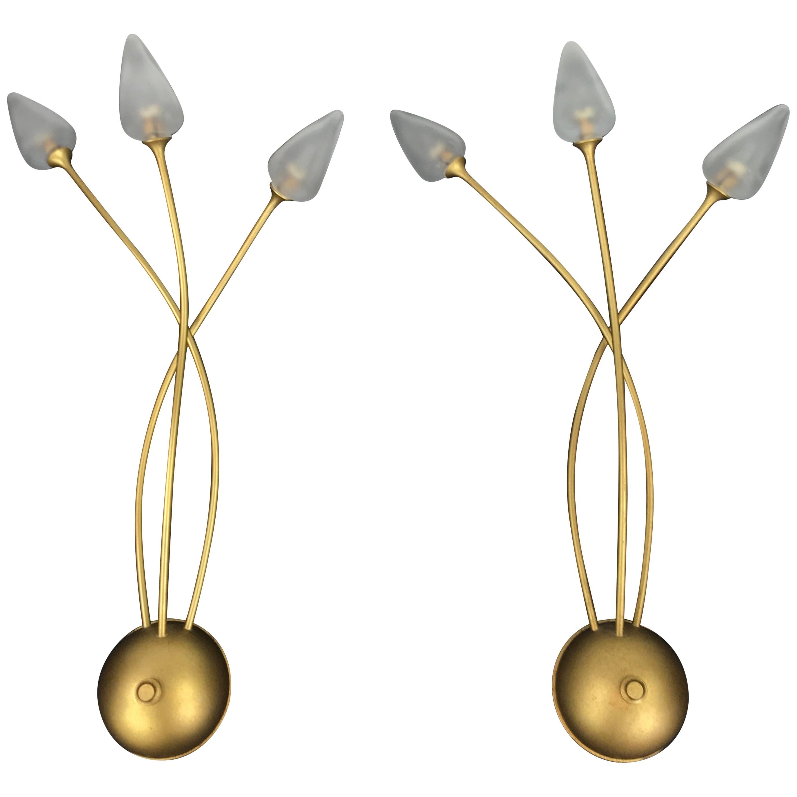 Pair of Gilded Metal Wall Lights, Italy, 1990s