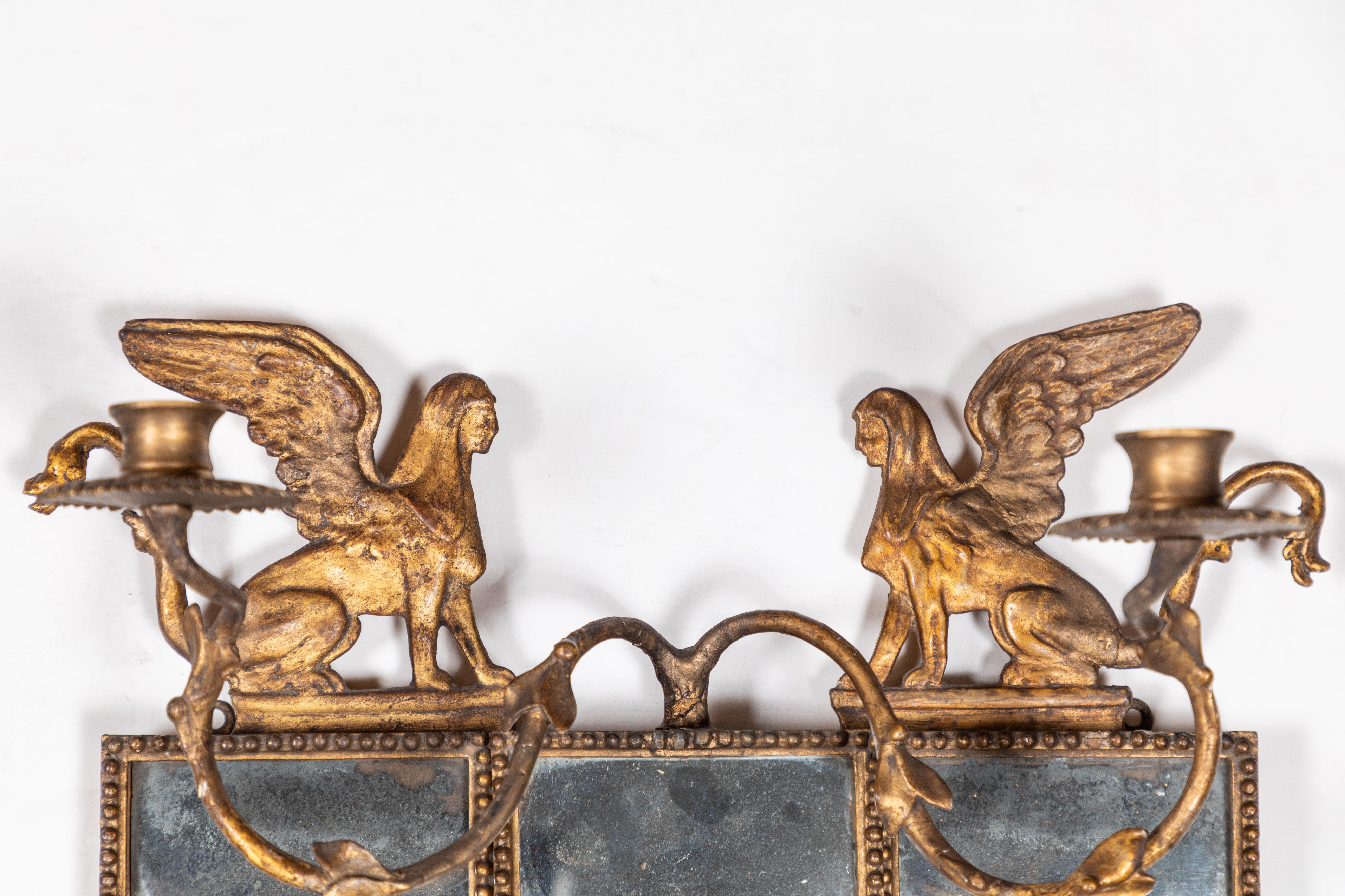Hand-Carved Pair of Gilded, Mirrored, Period Sconces For Sale