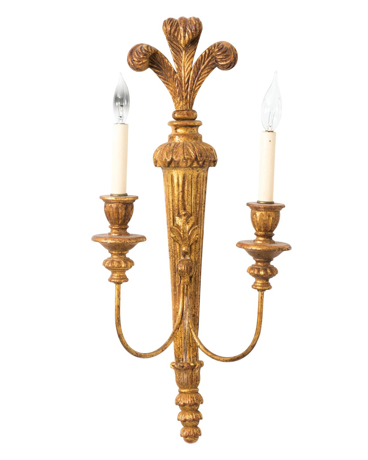 Pair of gilded neoclassical style two-light sconces, circa 1960s.