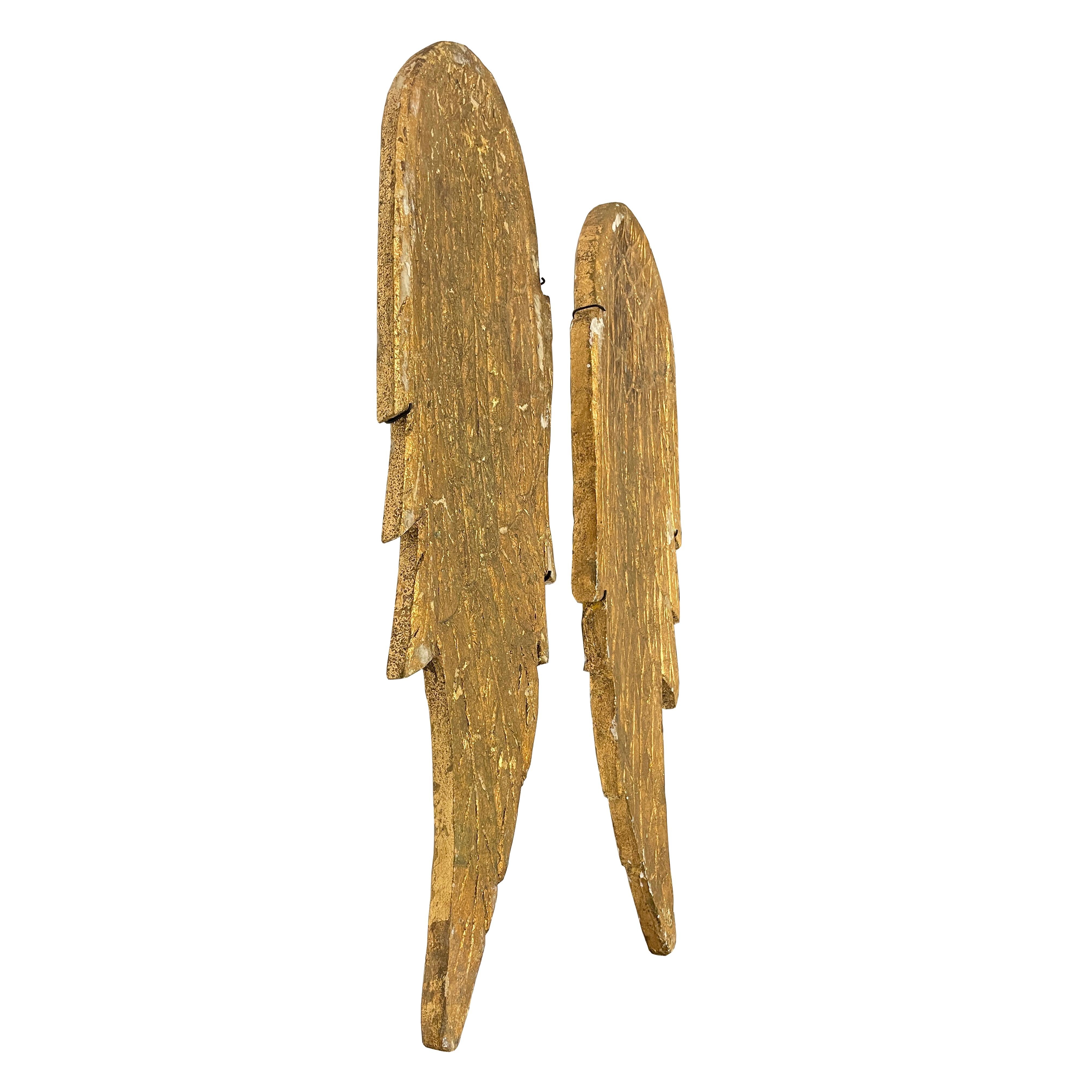 Hand-Carved Pair of Gilded Wood Angel Wings on Custom Wall Mounts