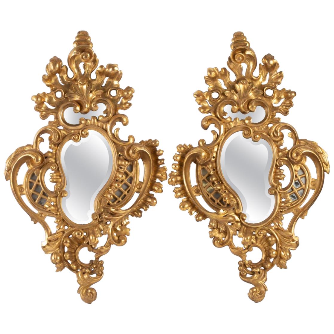 Pair of French Antique Hand Carved Wooden Gilded Mirrors For Sale at