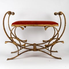 Pair of Gilded Wrought Iron Curule Stools and Seats, Early 20th Century.