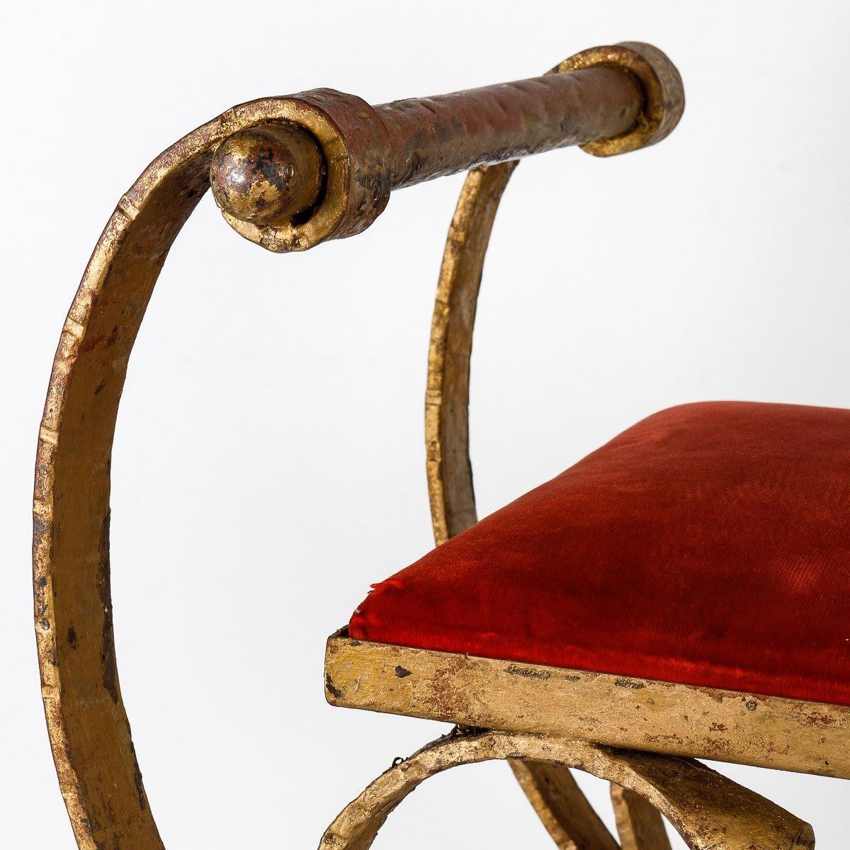 Art Deco Pair of Gilded Wrought Iron Curule Stools and Seats, Early 20th Century. For Sale