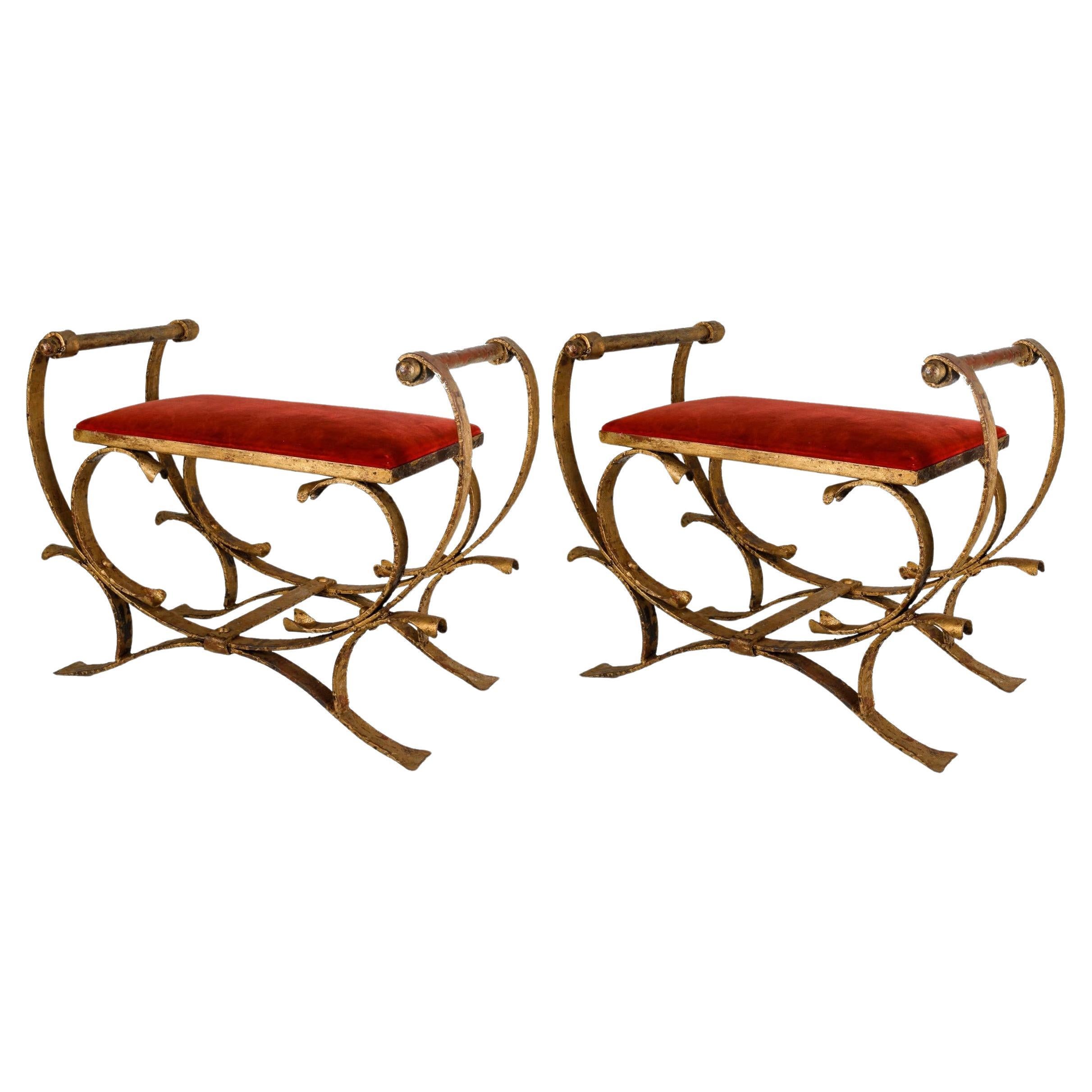 Pair of Gilded Wrought Iron Curule Stools and Seats, Early 20th Century. For Sale