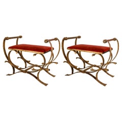 Antique Pair of Gilded Wrought Iron Curule Stools and Seats, Early 20th Century.