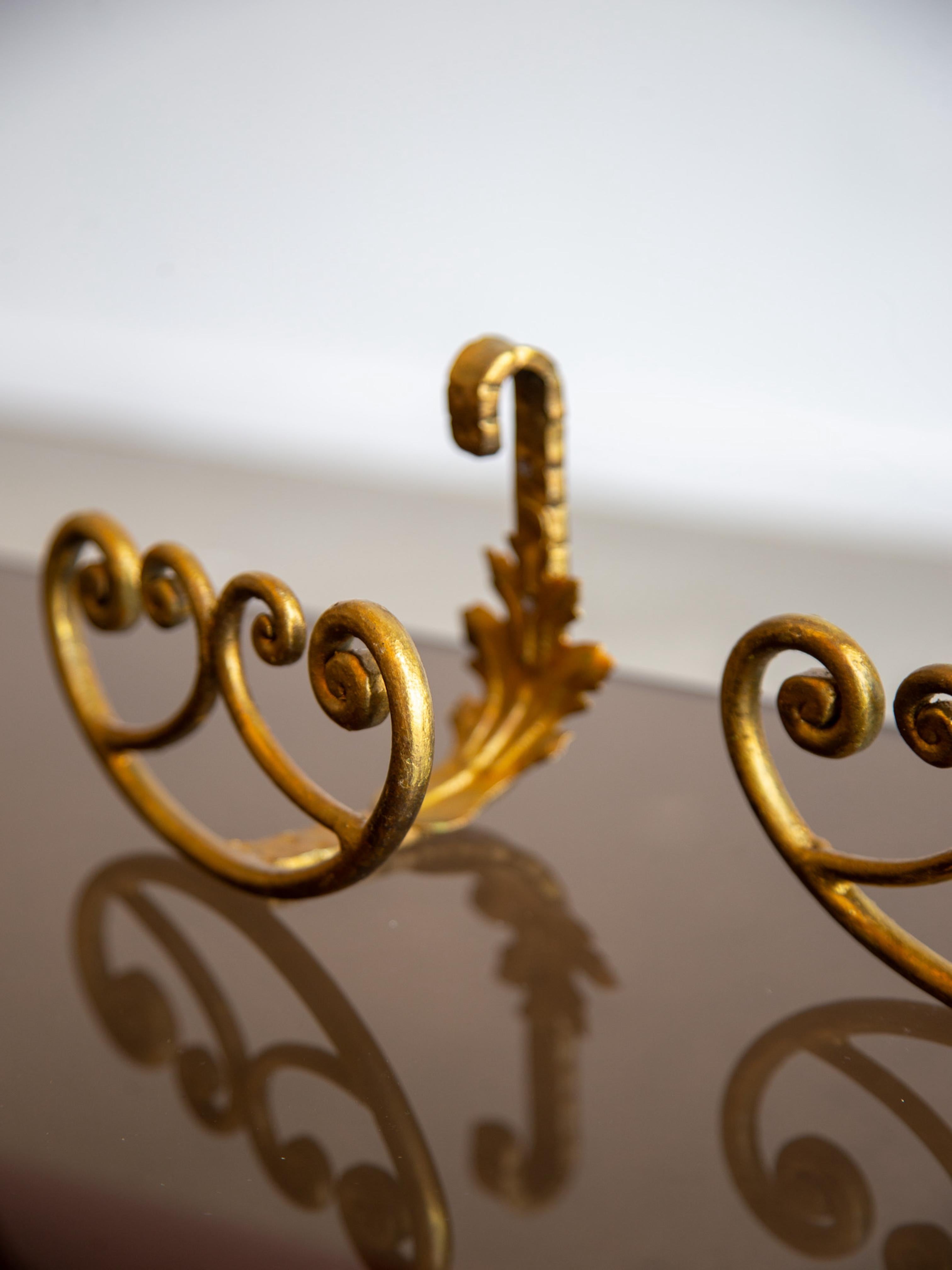 Mid-Century Modern Pair of Gilded Wrought Iron Wall Hooks For Sale