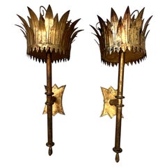 Pair of Gilt 1950s Spanish Wrought iIon and Gold Leaf Wall Sconces