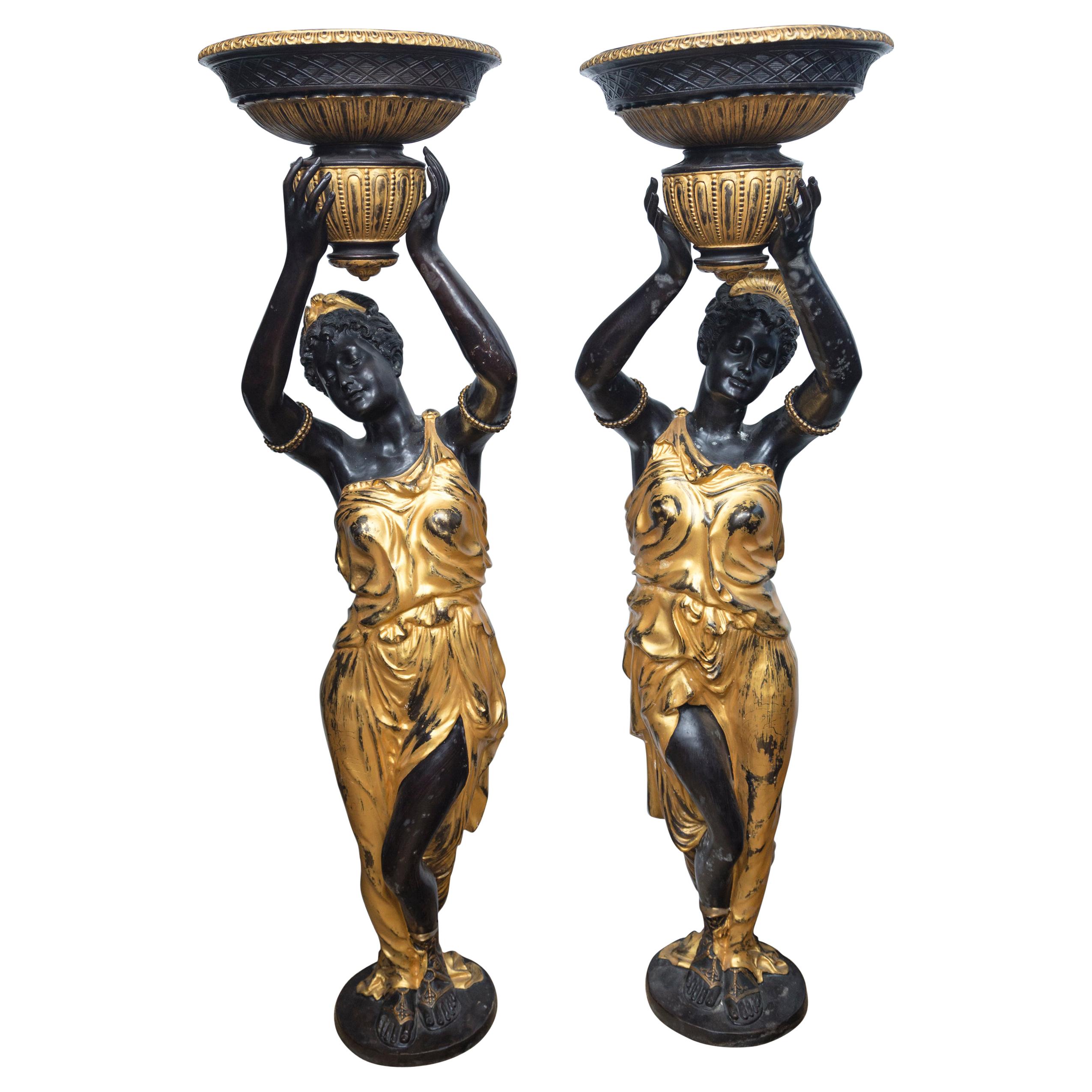 Pair of Gilt and Black Patinated Bronze Planters For Sale